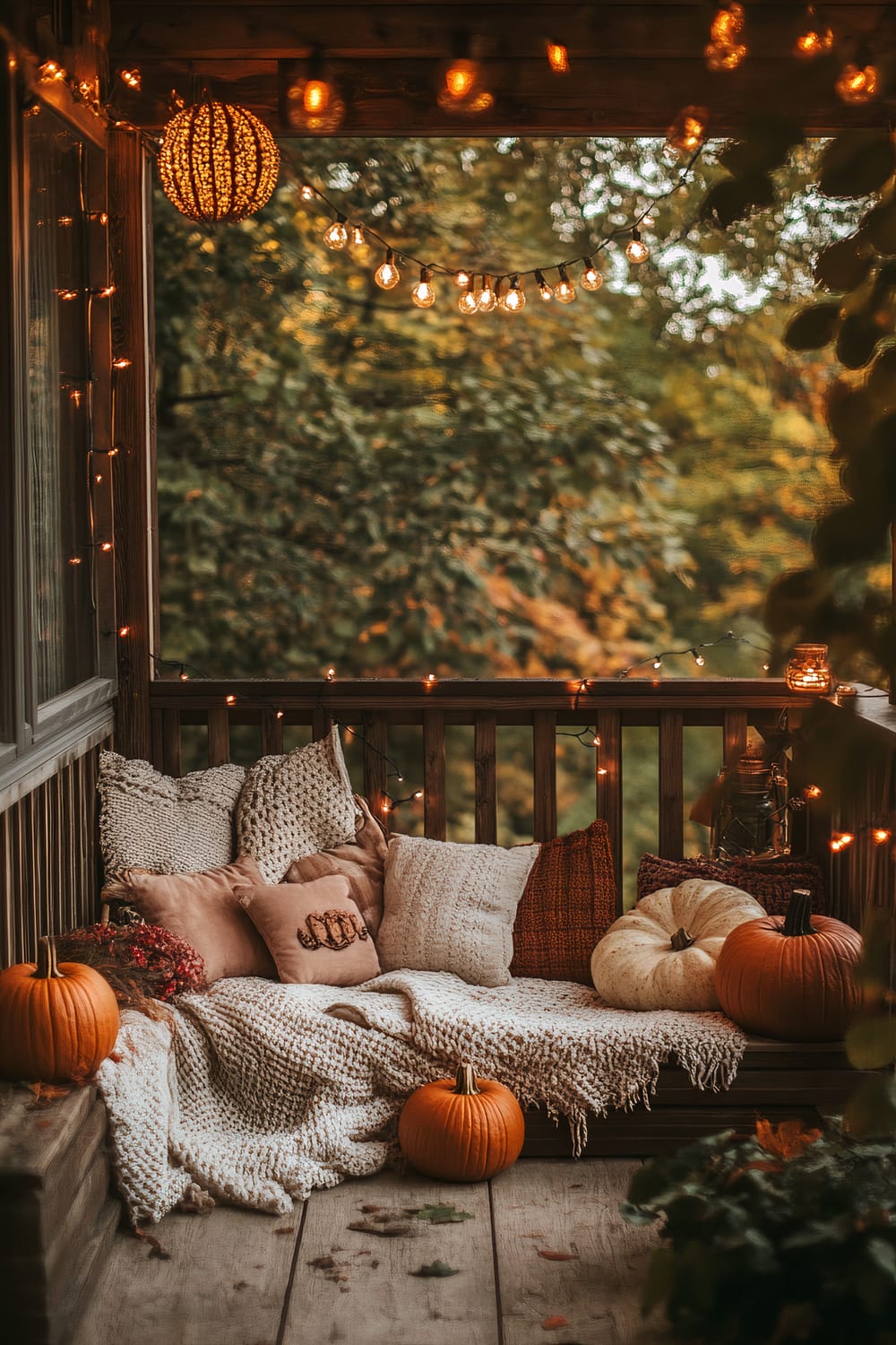 This image shows an inviting outdoor porch decorated for autumn. The area features a wooden bench adorned with a variety of textured throw pillows and blankets in neutral and warm shades. Small pumpkins are strategically placed around, enhancing the fall theme. Warm string lights and an overhead wicker lantern add a cozy ambiance to the setting. The backdrop of green foliage enhances the overall autumnal feel.