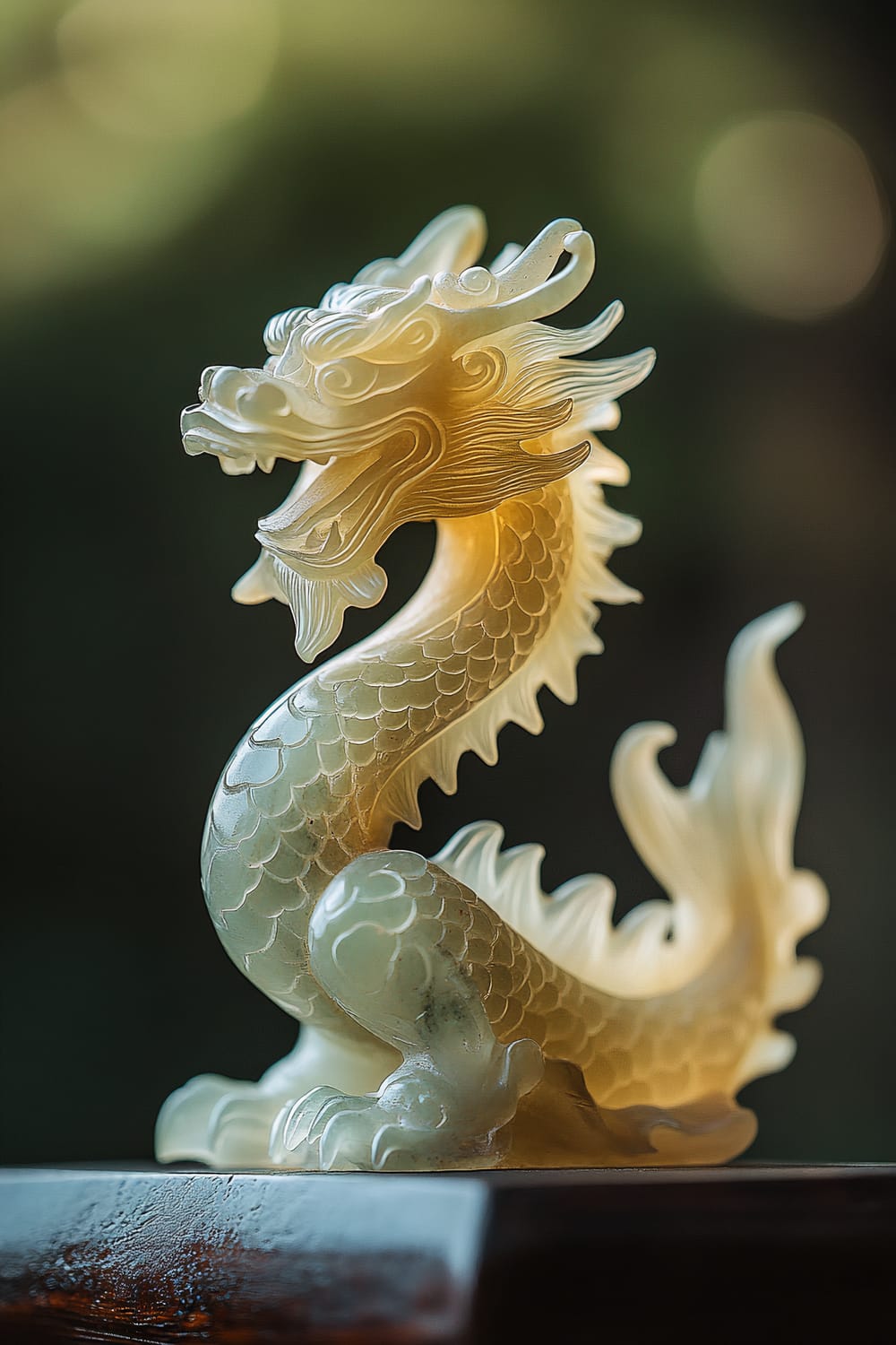 A close-up image of a handcrafted Chinese dragon figurine made from intricately carved jade. The figurine captures the dragon's majestic form with detailed scales, a flowing mane, and a prominent, expressive face. It is set on a minimalist dark wood shelf against a dark, blurred background, with soft ambient lighting highlighting the elegant craftsmanship and vibrant presence of the jade dragon.