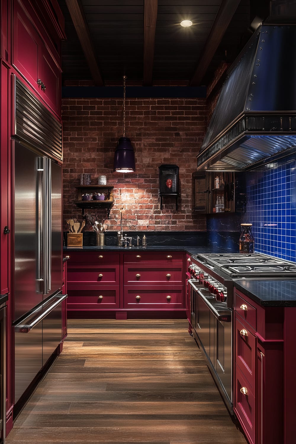 A luxurious farmhouse kitchen with deep burgundy cabinets and black granite countertops. The kitchen features a stainless steel refrigerator, a gas range with a distinctive hood, and a cobalt blue backsplash. Exposed brick walls and dark hardwood floors complement the modern and rustic elements. A pendant light hangs overhead, illuminating the workspace.