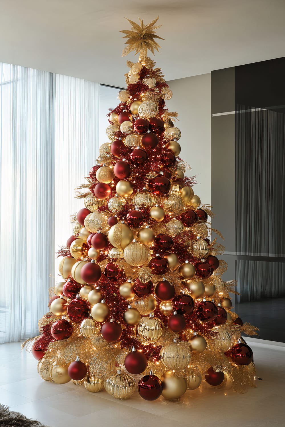 A luxuriously decorated Christmas tree adorned with an abundance of red and gold ornaments, glittering branches, and warm white lights. The tree is topped with a large, ornate golden star. It stands in a modern, minimalist room with sheer white curtains and dark, sleek walls.