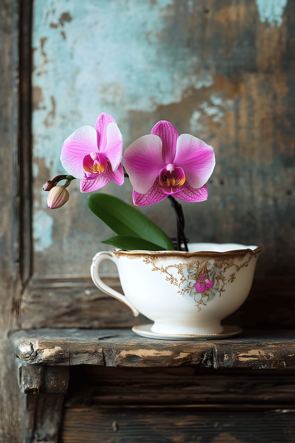 An antique porcelain teacup, featuring delicate gold trim, holds a vibrant pink orchid stem, which is placed on a naturally lit, rustic wooden mantel.