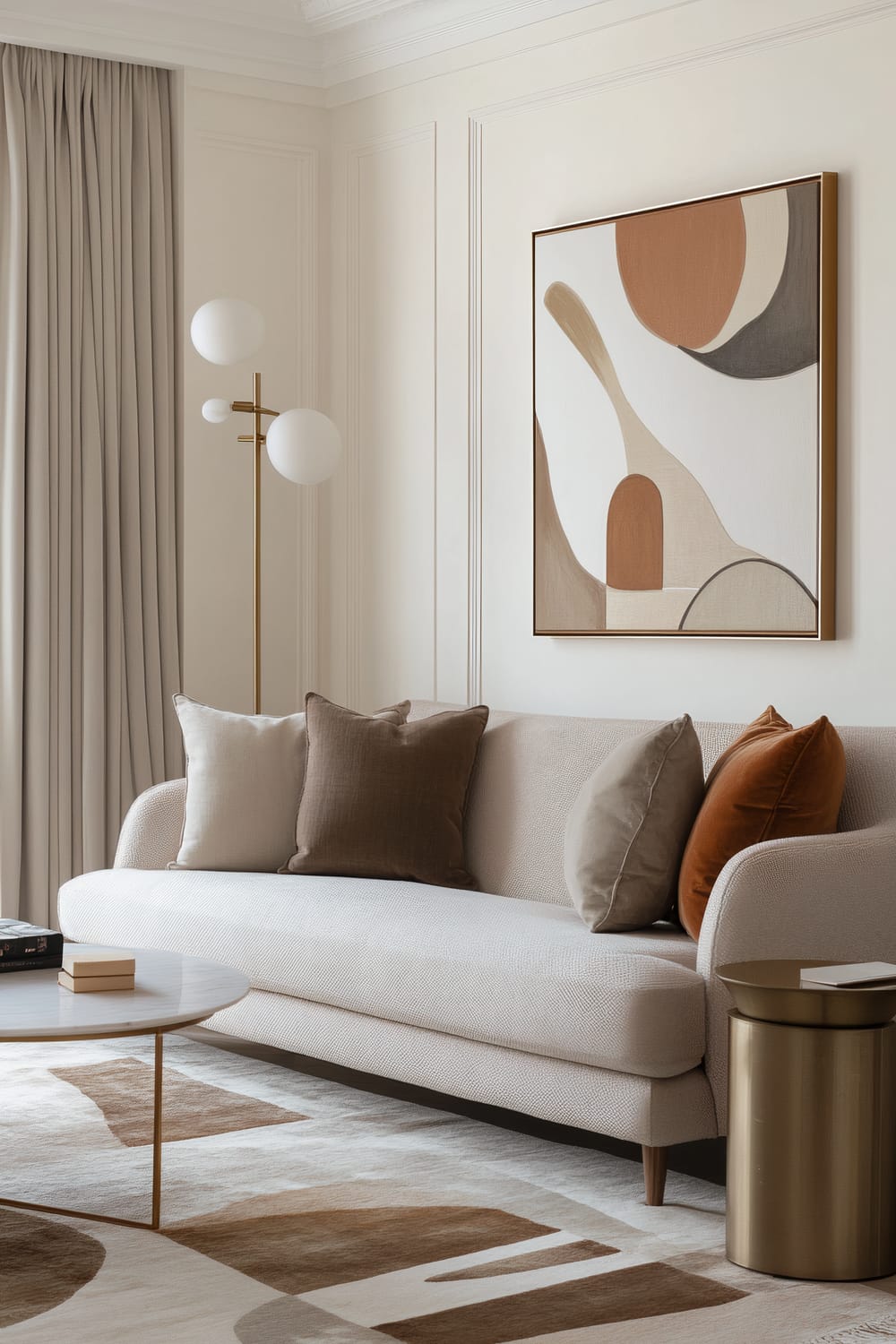 Elegant living room with a modern aesthetic featuring a neutral-tone sofa adorned with a mix of brown and beige cushions. A geometric abstract art piece in earth tones hangs on the wall above the sofa. There is a sleek round coffee table with a marble top and thin golden legs. A modern floor lamp with a gold stand and three spherical white globes adds a sophisticated touch, complemented by heavy beige curtains and intricate wall paneling.