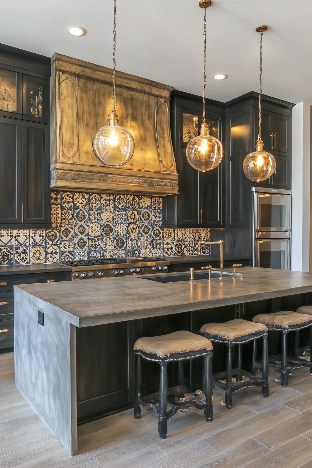 This is a modern kitchen featuring an island with a concrete countertop and three upholstered stools lined beneath it. The kitchen is illuminated by three large, spherical pendant lights hanging above the island. The cabinetry is dark, almost black, with gold handles, and the extensive backsplash displays decorative, intricate tile patterns in blue and white. The highlight of the kitchen is a large vintage-style golden range hood, adding an antique charm to the space. The appliances, including an oven and possibly a refrigerator, are built seamlessly into the cabinetry.