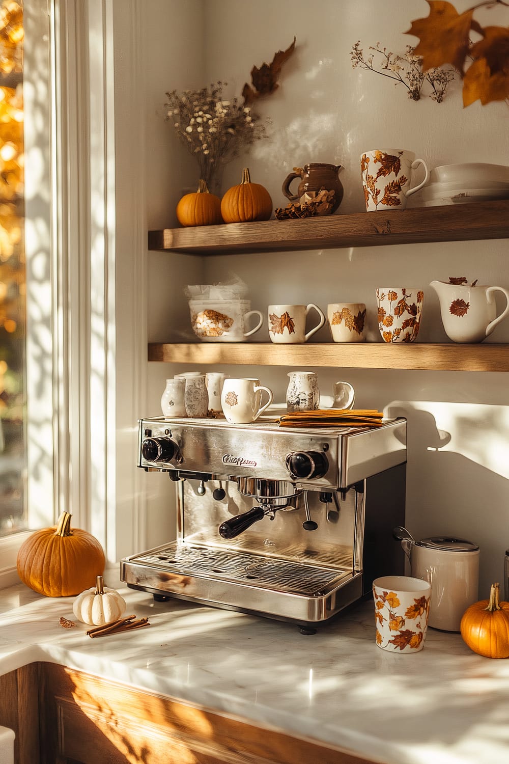 A kitchen corner featuring a gleaming stainless steel espresso machine on a white marble countertop, accented with pumpkins and fall-themed mugs. Wooden shelves above hold more autumn-inspired crockery, dried flowers, and other seasonal decor items. Sunlight streams in from a nearby window, casting warm shadows and enhancing the fall ambiance.