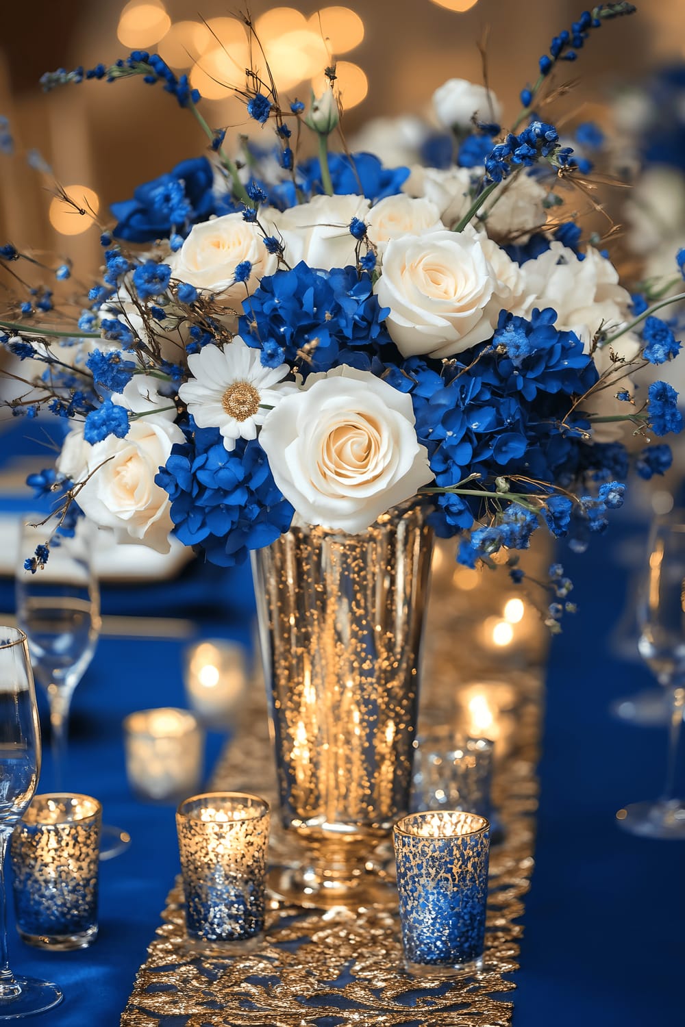 A regal centerpiece on a deep blue tablecloth featuring a lavish vase adorned with gold leaf, filled with royal blue delphiniums and white roses. The vase is accompanied by gold leaf candle holders, royal blue glass beads, and delicate gold branches. A gold embroidered runner underlines the setup, which is showcased under focused lighting that magnifies the contrast between the rich royal blue and luxurious gold.