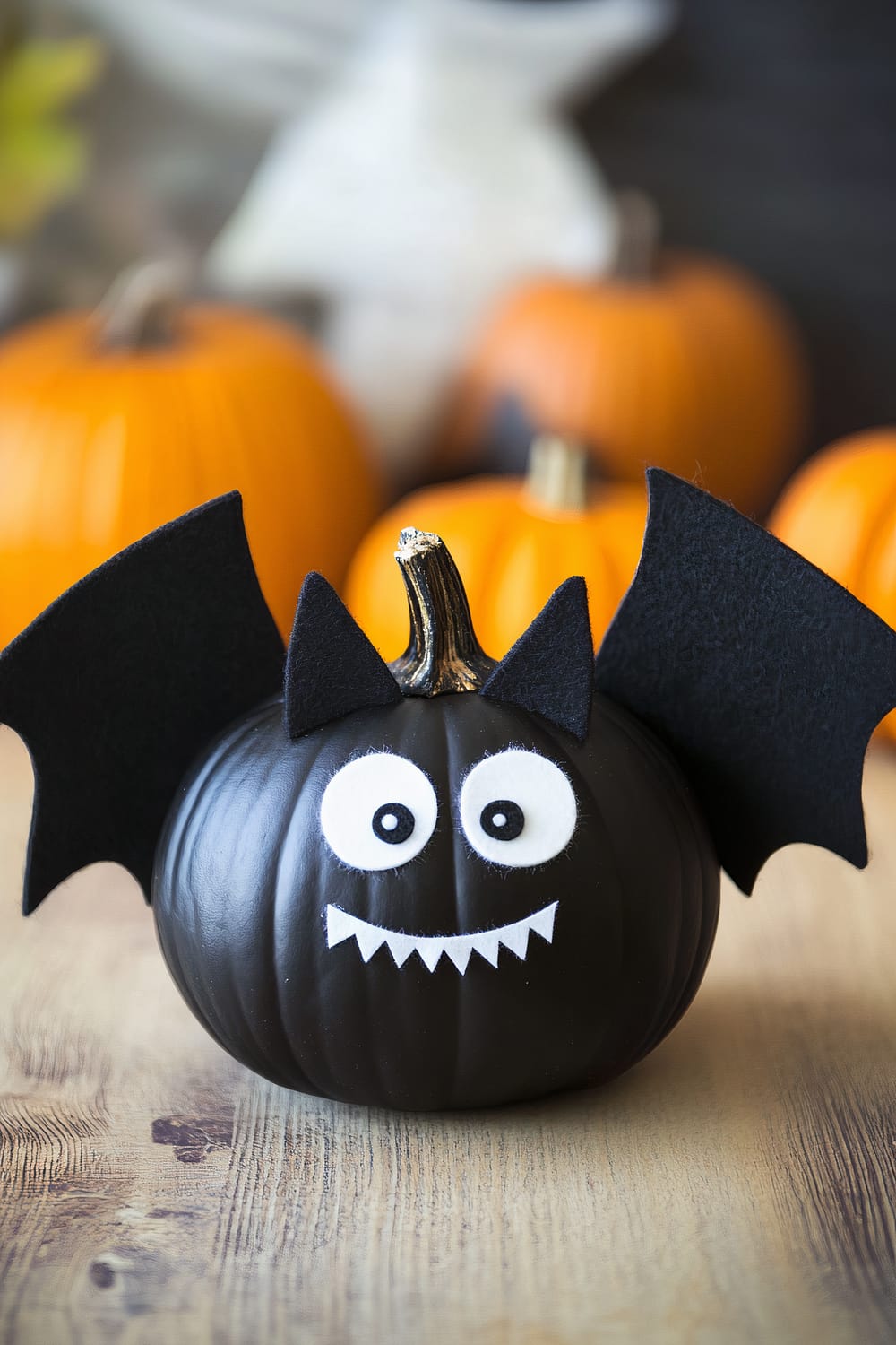 A Halloween-themed black-painted pumpkin sits on a wooden surface. The pumpkin is decorated to resemble a bat, with large black felt wings attached to the sides, and black felt ears. It has large, white felt eyes with black pupils and a white felt mouth with sharp, triangular teeth. In the background, three traditional orange pumpkins are slightly out of focus.