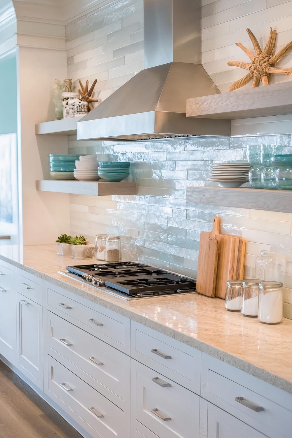 A modern kitchen space with a minimalistic design. The backsplash features glossy, horizontally stacked, light grey tiles that reflect light off their surface. A stainless steel range hood is mounted above a gas stovetop surrounded by a white quartz countertop. The countertop is set against white cabinetry with sleek, metallic handles. Two floating wooden shelves above the counter showcase decorative items, bowls, and plates in muted turquoise and white tones. Small jars and wooden cutting boards are placed on the counter next to the stovetop, adding functional and decorative elements to the scene.