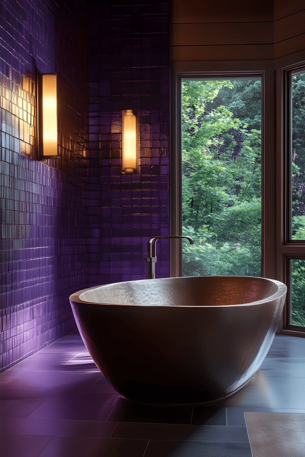 A home spa bathroom boasting deep purple tile walls, a sleek stone countertop, a standalone soaking tub optimally positioned under a sizeable window. The space is softly lit with ambient lighting, providing an atmosphere of tranquility and relaxation.