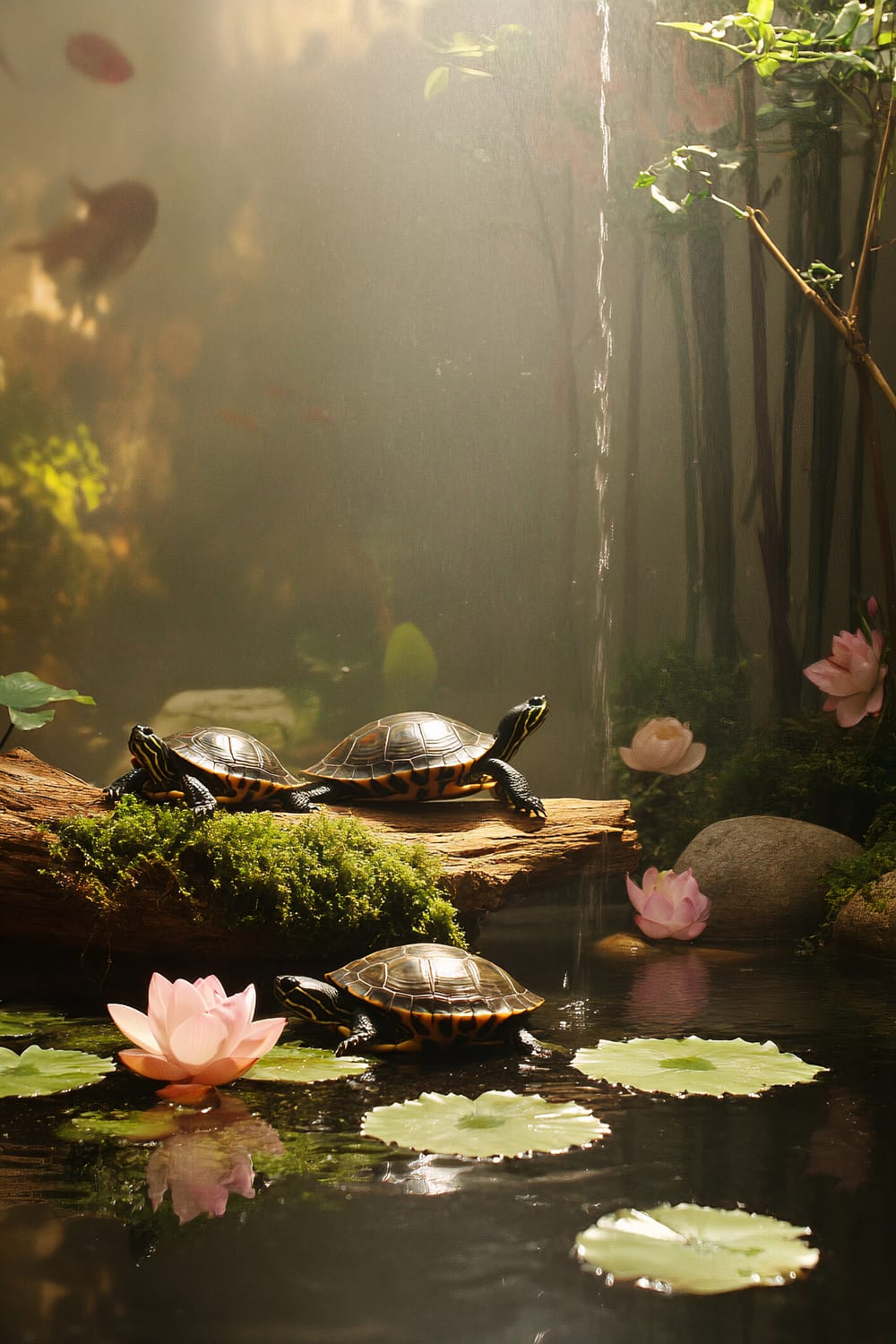 Three turtles resting on a moss-covered log in a tranquil pond, surrounded by lily pads and pink lotus flowers. A gentle stream of water cascades nearby, adding to the serene ambiance. Tall plants and a soft, warm light create a gentle, natural atmosphere.