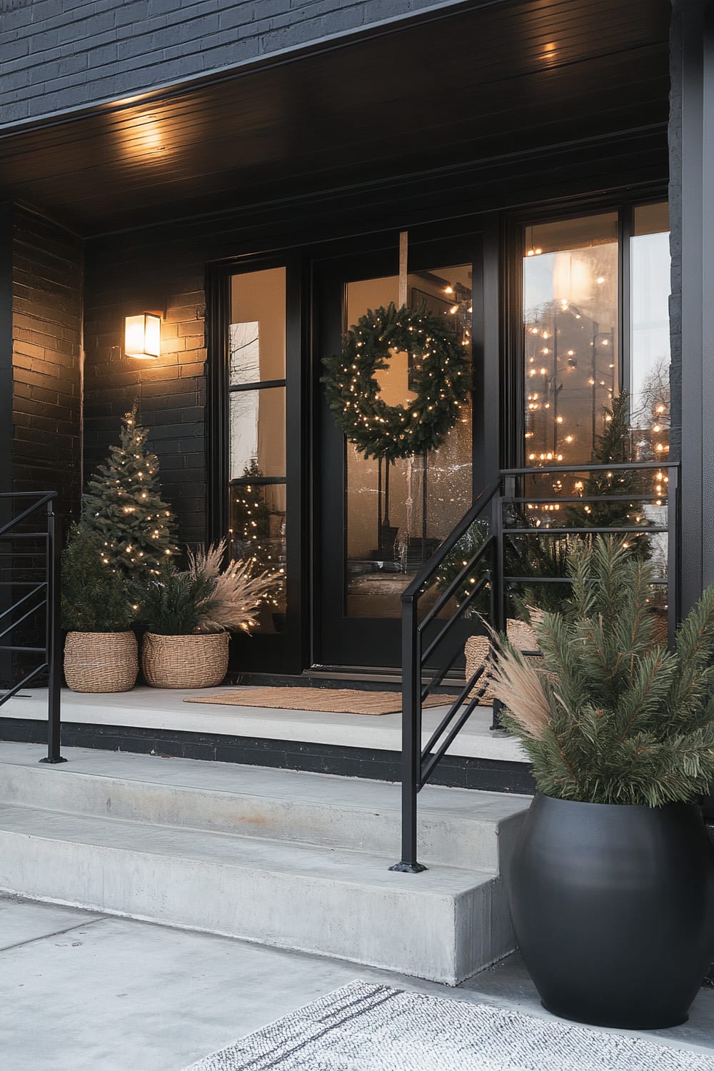 A modern front porch features black brick walls and large glass doors. The entryway is adorned with a wreath on the door and decorated with potted plants, including small lit Christmas trees in woven baskets and minimalist black planters. The space is warmly illuminated by a wall-mounted light fixture and reflects a festive and welcoming ambiance.