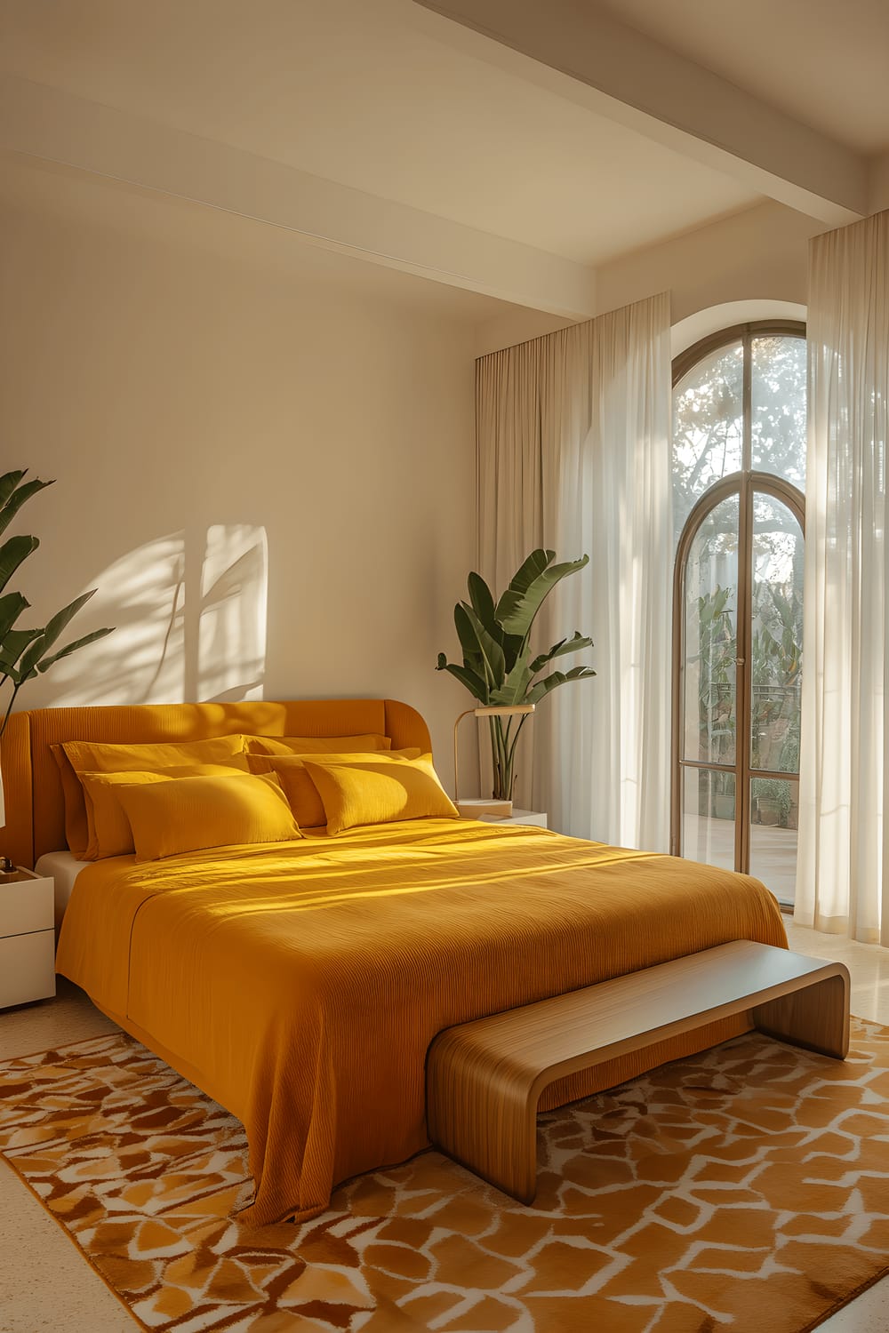 A warm and well-lit bedroom in Milan featuring a plush king-sized bed with mustard yellow linens, surrounded by white nightstands with matte black lamps. A large arched window with sheer white drapes allows for abundant sunlight. A minimalist wooden bench resides at the foot of the bed, while a beige and yellow geometric-patterned rug lies beneath. A potted snake plant in the corner of the room complements the overall serene atmosphere.