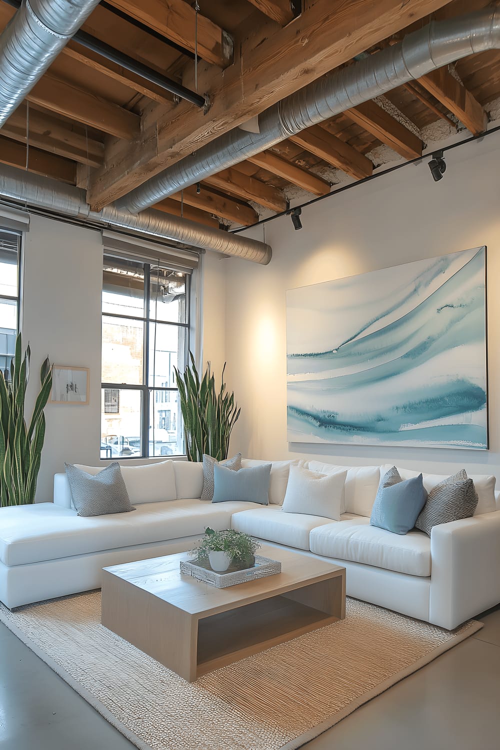 A spacious loft illuminated with natural light, featuring high ceilings with exposed light oak beams painted white. The room has a minimalist white sectional sofa adorned with pastel blue and soft gray cushions, arranged around a light oak coffee table. It boasts a geometric black ceiling installation and a large, abstract watercolor painting on one wall. A tall, verdant snake plant in a white ceramic pot adds to the ambiance.