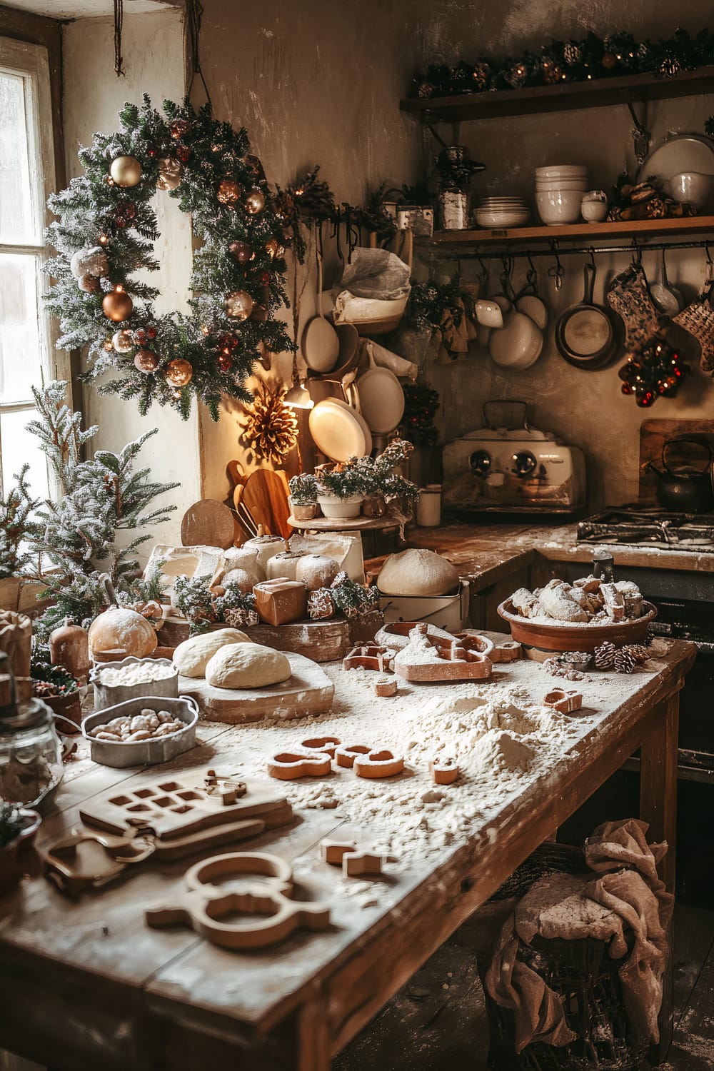 A rustic kitchen decorated for Christmas, featuring a large wooden table covered in flour, cookie cutters, dough, and baking ingredients. The table has various baking tools, dough, and pots of festive greenery. In the background, shelves hold pottery, hanging kitchen utensils, festive garlands, and a large Christmas wreath adorned with baubles. A soft glow from the window and a warm lamp light enhance the cozy holiday atmosphere.