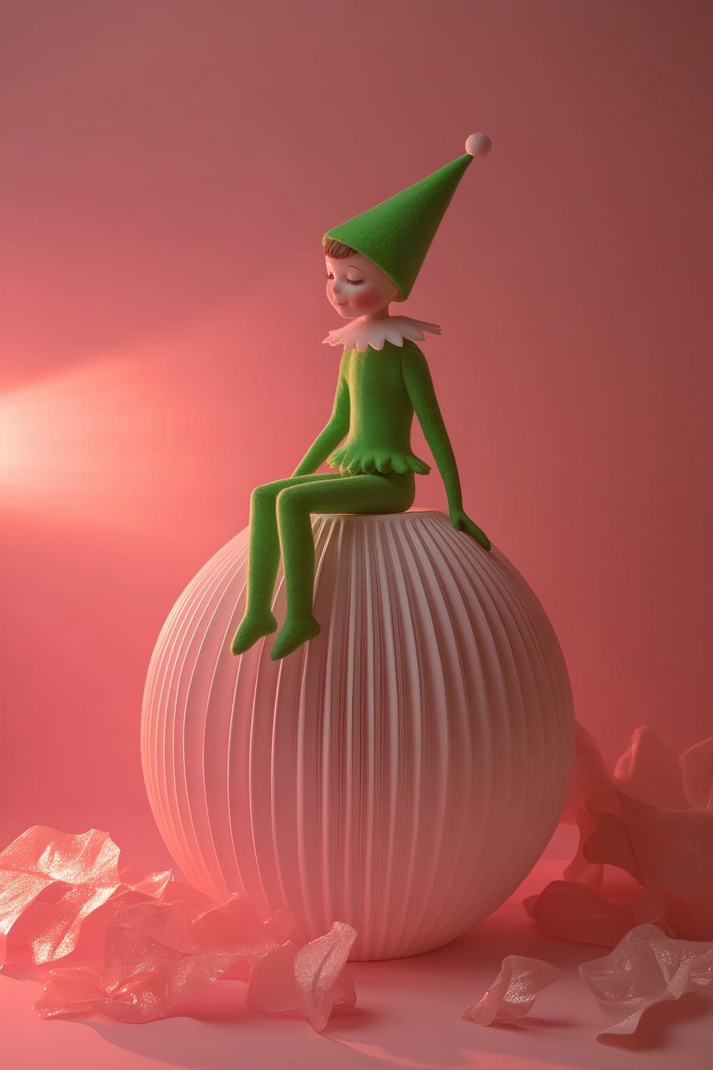 A shelf elf dressed in a bright green outfit sits atop a white ceramic lamp bathed in soft pink lighting. The background is monochromatic pink, enhancing the elf's green clothes. Transparent, crumpled pink sheets are scattered at the base of the lamp.