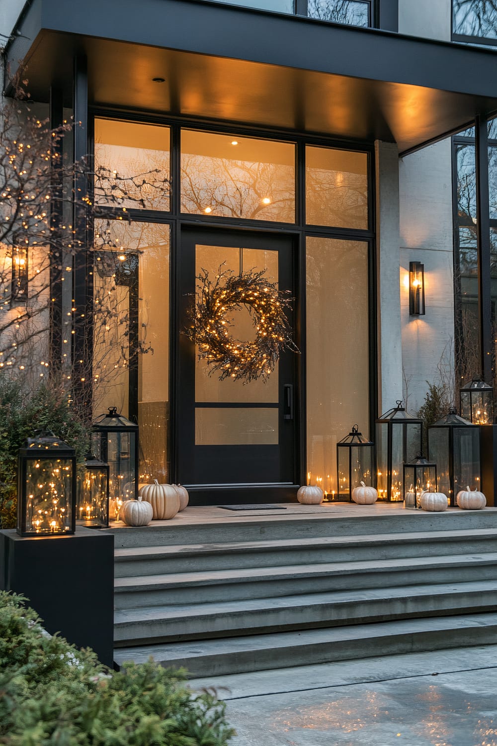 A modern front porch decorated with a large illuminated wreath on the black-framed glass door. The porch steps are adorned with white pumpkins and black lanterns containing fairy lights, giving a warm, festive ambiance. Two wall-mounted lights illuminate the glass-paneled entrance.