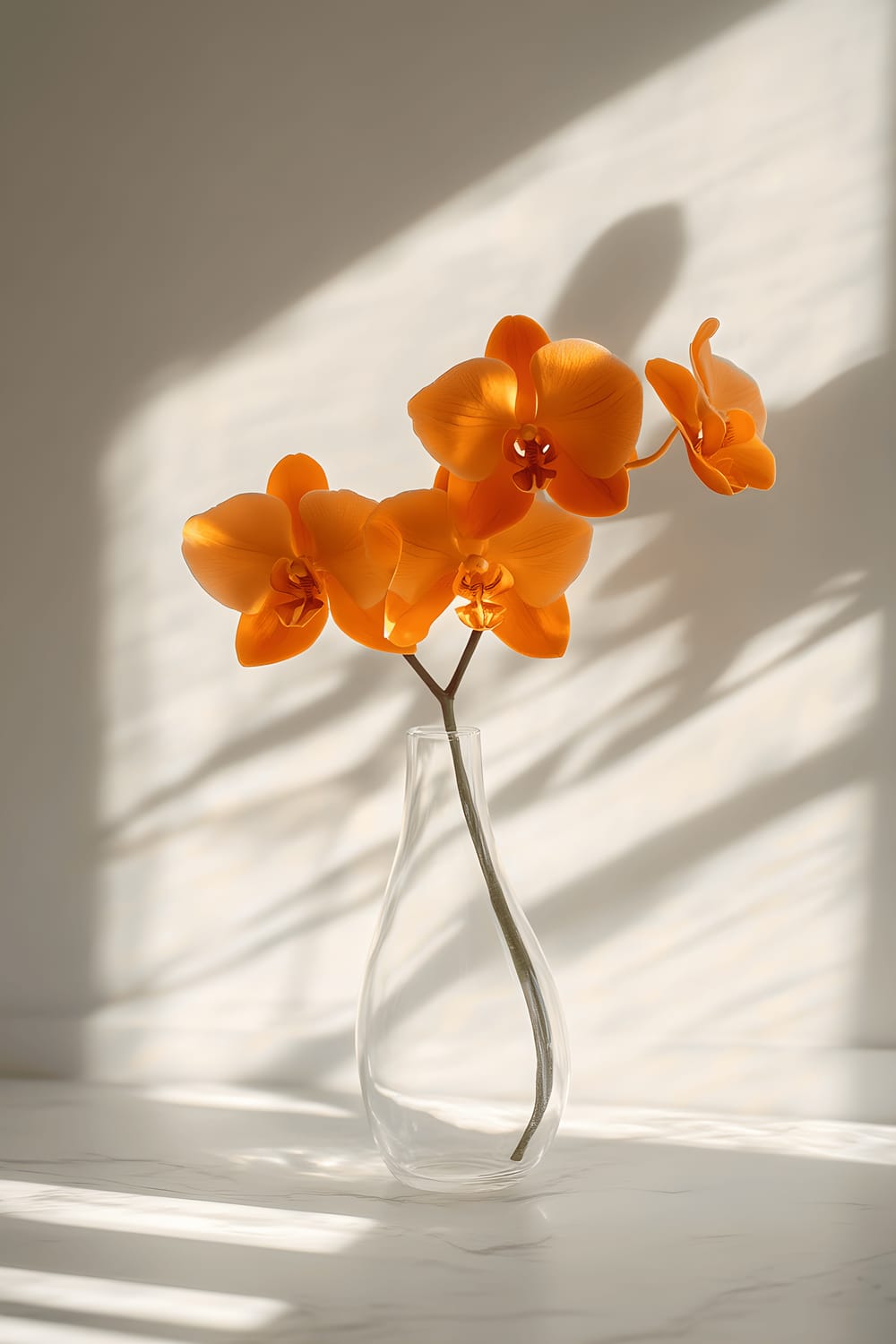 A minimalist setting showing a slender glass vase with a single vibrant orange orchid. The vase is placed on a white marble table near a large window, and the sunlight streaming in casts a warm and gentle glow. The strikingly bold color of the orchid stands out against the white backdrop, punctuating the scene with its exotic beauty.