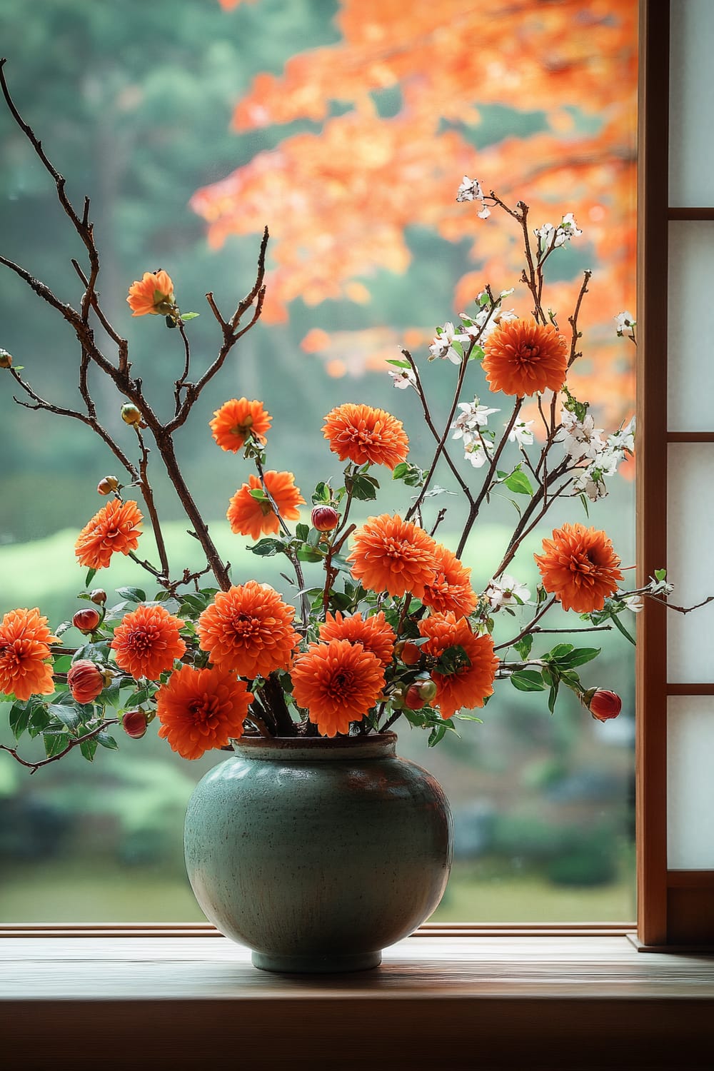 An arrangement of vibrant orange flowers and delicate white blossoms in a ceramic vase is placed on a window sill. The background features a serene garden with trees showcasing rich autumn hues, visible through a shoji screen window.