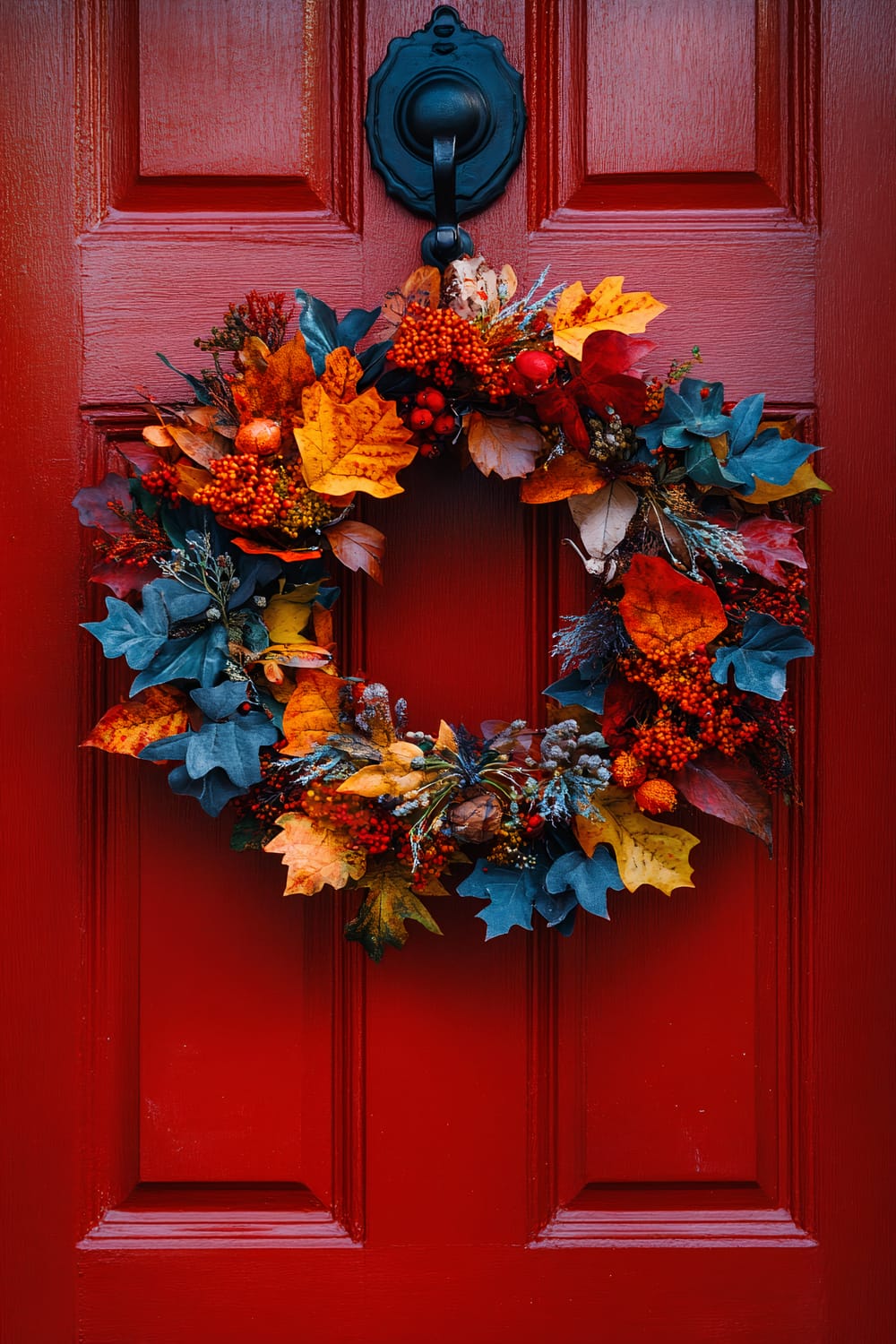 A vibrant autumn wreath hangs on a bright red door with a ornate black door knocker. The wreath is adorned with an array of leaves in various shades of orange, yellow, red, and blue, along with clusters of berries and other fall foliage. The rich hues of the leaves, along with the contrasting colors, create a stunning and festive display that celebrates the essence of the fall season.