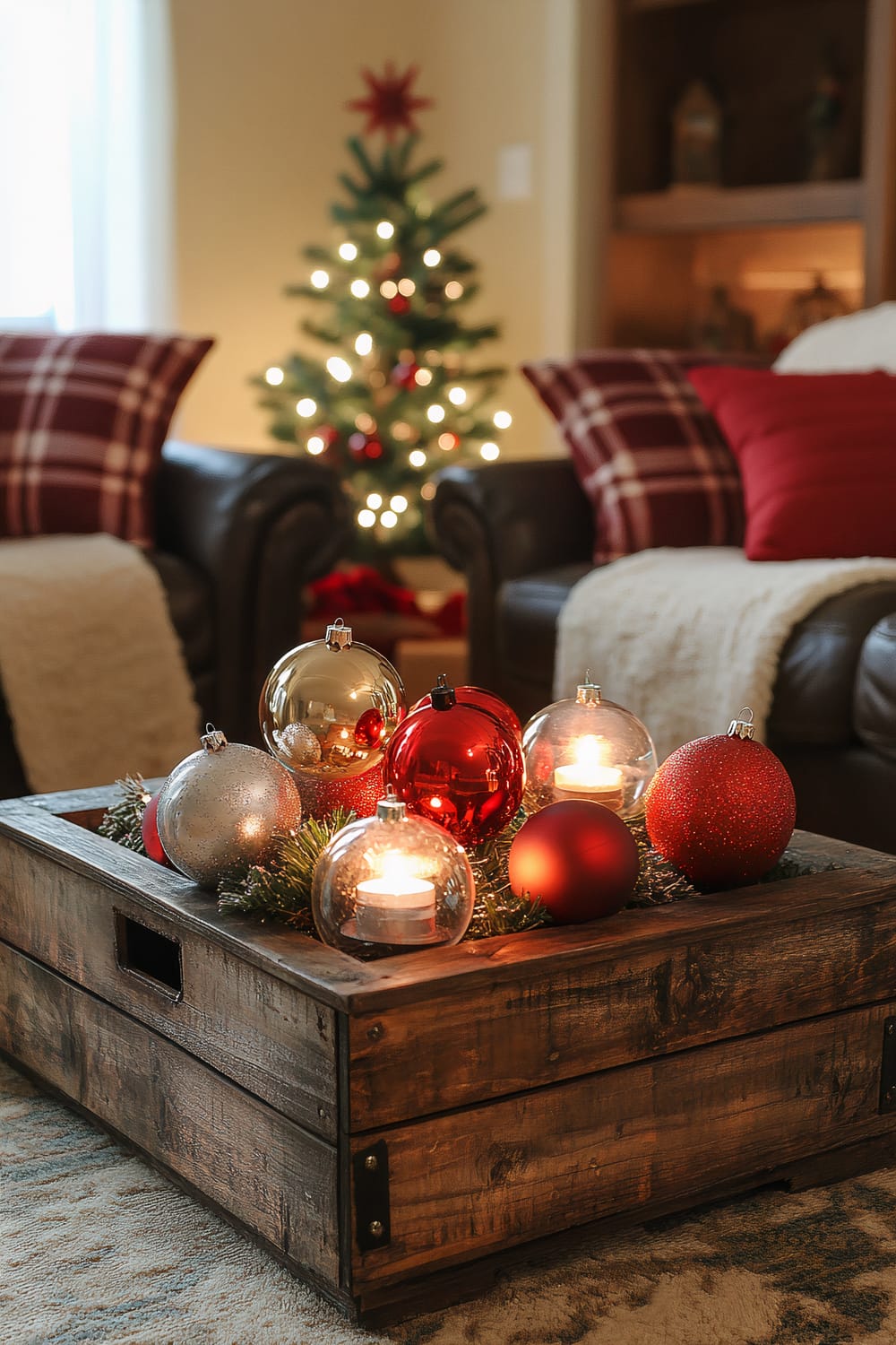 A festive living room scene featuring a lit Christmas tree in the background and a wooden tray holding various Christmas baubles and lit candles as the centerpiece on a carpeted floor. Two brown leather chairs with plaid pillows and a blanket are partially visible on either side of the scene.