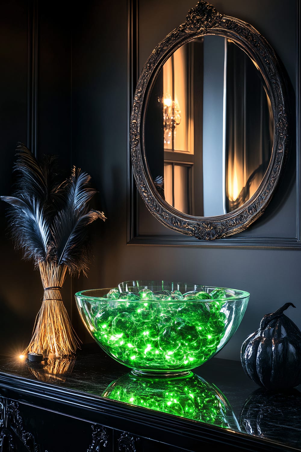 A console table with a large glass cauldron filled with green LED lights as the focal point. The cauldron is placed on a dark, reflective surface, surrounded by black feathers in a bundle that stands upright, a witch’s broom, and an ornate decorative mirror. The lighting is muted, creating a moody atmosphere.