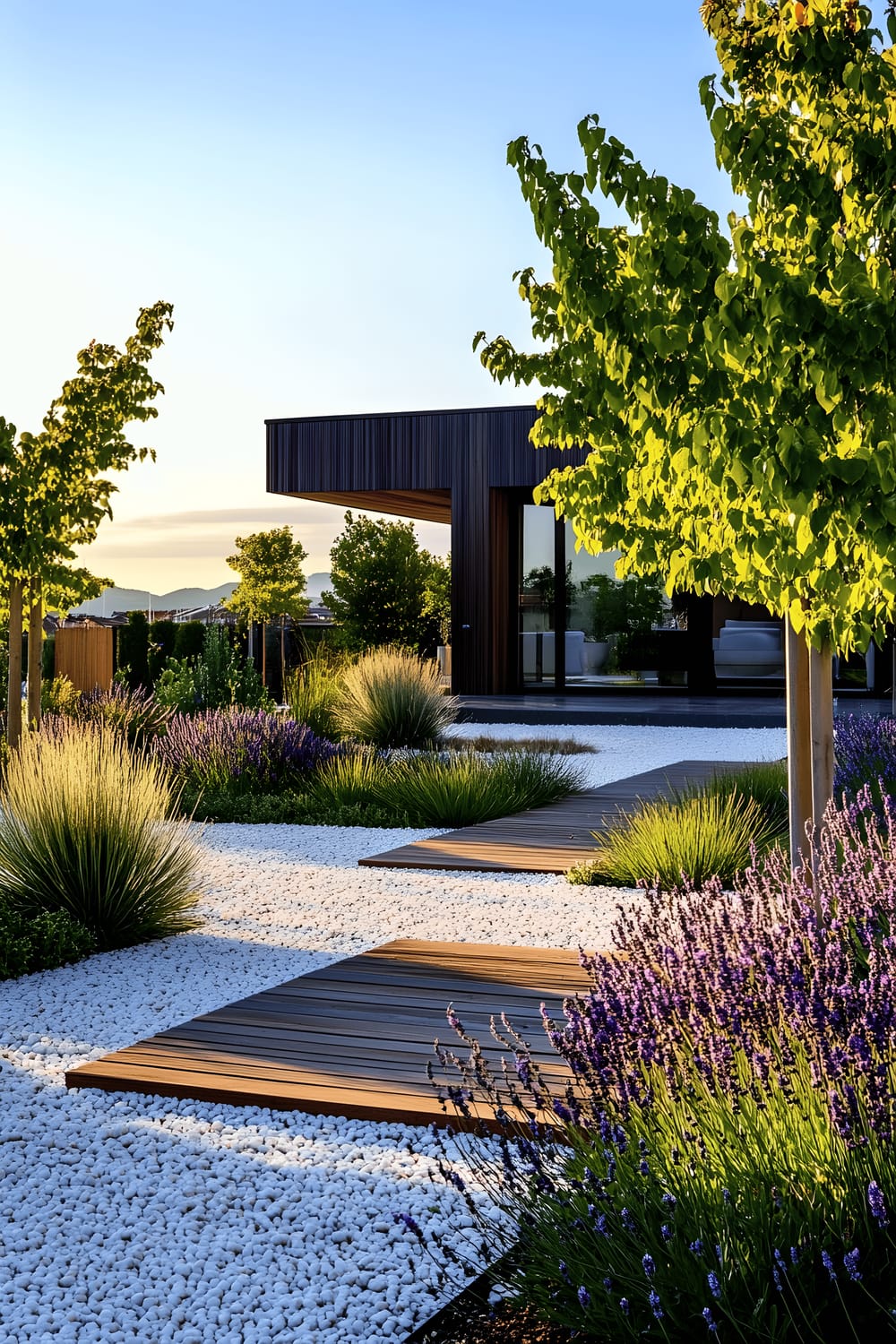 An eco-friendly front yard with sculptural agave plants, drought-resistant lavender plants, smooth white gravel and a modern wooden walkway leading to a minimalist home.