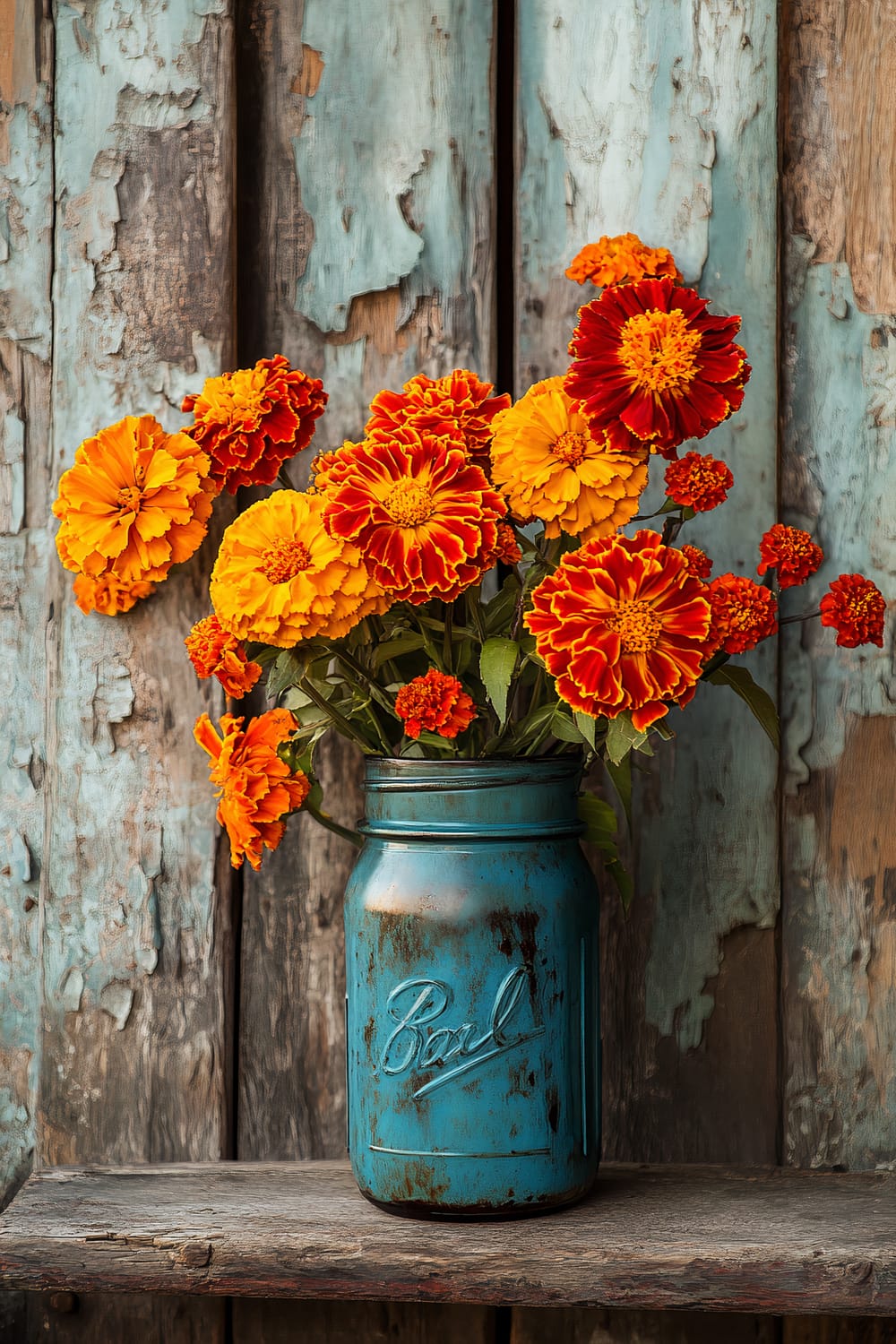 Image of a rustic blue mason jar used as a vase, containing a bouquet of vibrant orange and yellow marigolds. The jar is placed on a weathered wooden shelf with a backdrop of distressed wood panels in shades of blue and brown, adding a vintage and rustic charm to the scene.