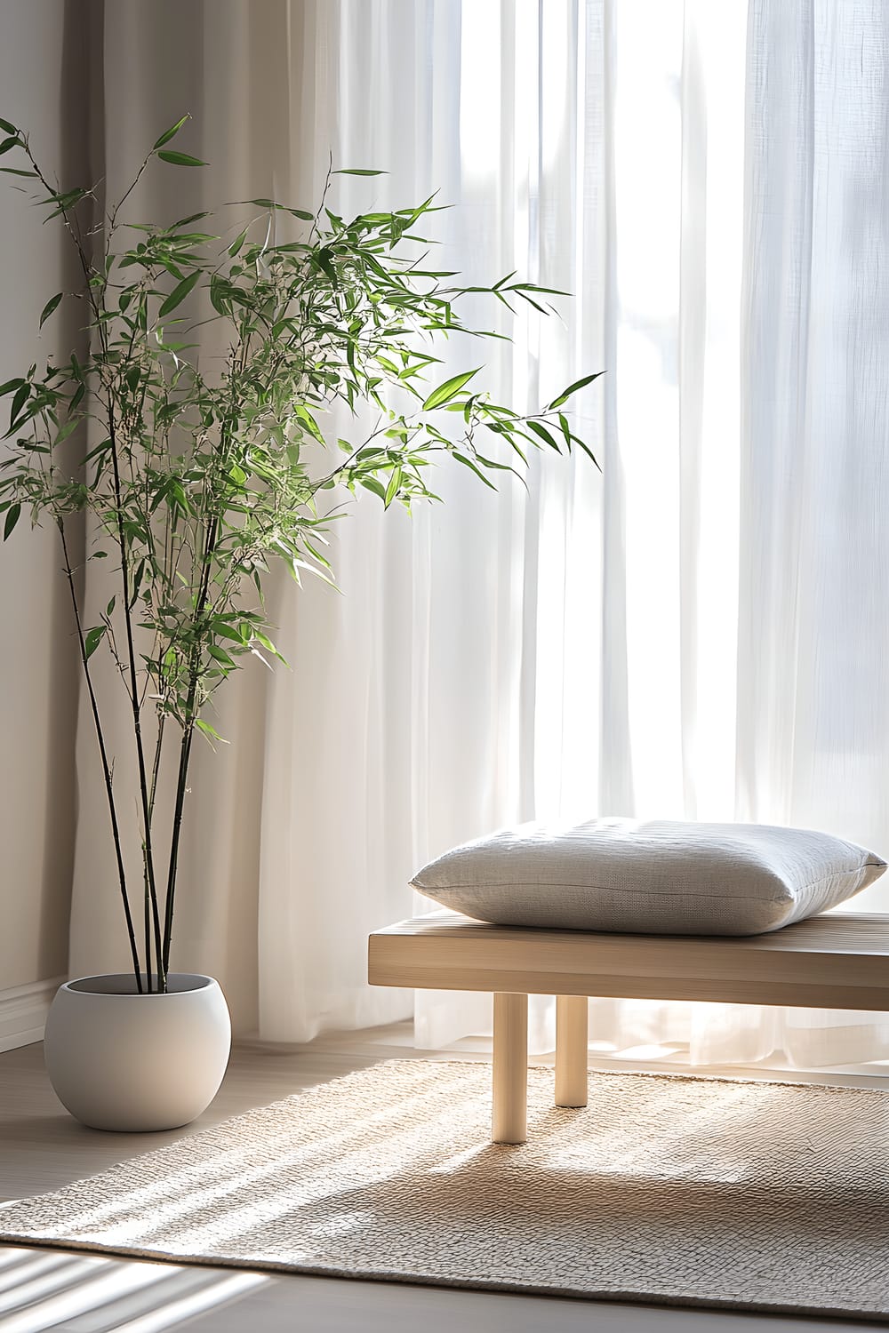 A tranquil corner in a modern house, featuring a minimalist wooden bench with a light pastel cushion, a woven beige rug, and a tall bamboo plant in a matte white planter. The room is lit with diffused natural light through a window with sheer white curtains.