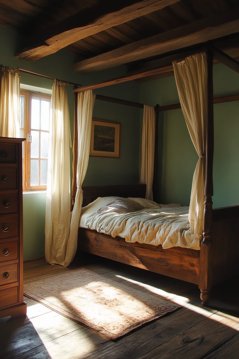 An orderly rustic bedroom with a wooden canopy bed draped in sheer white curtains. Sunlight streams through a nearby window with sheer curtains. There is a wooden dresser with brass knobs to the left, and the walls are a soft green color. The room features a warm and natural aesthetic with exposed wooden beams on the ceiling and a small, light-colored rug on the wooden floor.