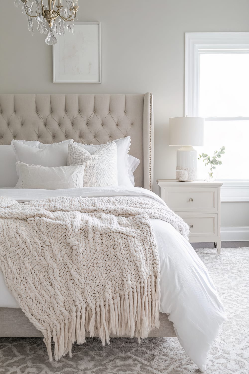 A sophisticated bedroom scene showcasing a tufted beige headboard with a plush knitted throw draped over a white duvet. The bed is adorned with multiple white pillows of various textures. To the right, there is a white nightstand with two drawers, on which sits a ceramic lamp and a small glass vase containing greenery. Above the bed hangs a brass chandelier with crystal accents, and a minimalist framed artwork is visible on the softly colored wall.