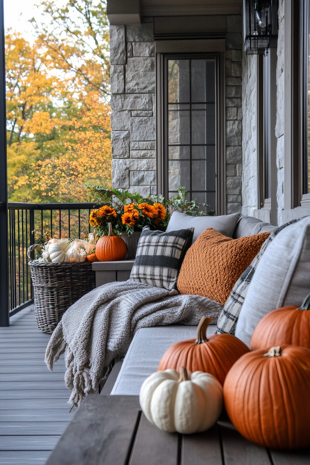 A porch scene featuring a comfortable seating area adorned with a gray knit throw blanket and plaid and orange pillows. The porch, with stone wall design, overlooks a scenic view of autumn trees with vibrant yellow foliage. Decorative pumpkins in orange and white, along with a bouquet of sunflowers, adorn the coffee table and a basket beside the sofa, enhancing the seasonal fall decor.