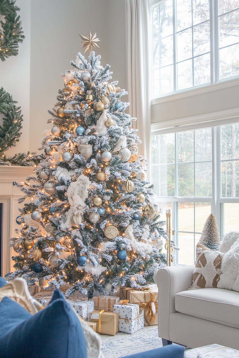 A beautifully decorated Christmas tree stands in a living room by a large window. The tree is adorned with an array of ornaments in gold, blue, and silver hues, giving it an elegant and festive look. Snow-like flocking is sprinkled on its branches, enhancing its holiday spirit. The tree is illuminated by warm white lights and topped with a gold star. Underneath the tree, several wrapped gifts in various papers and ribbons add to the festive ambiance. Next to the tree, there is a cozy, cream-colored sofa with knitted throw pillows. The room is softly lit by natural light filtering through the large windows, creating a serene and welcoming atmosphere.