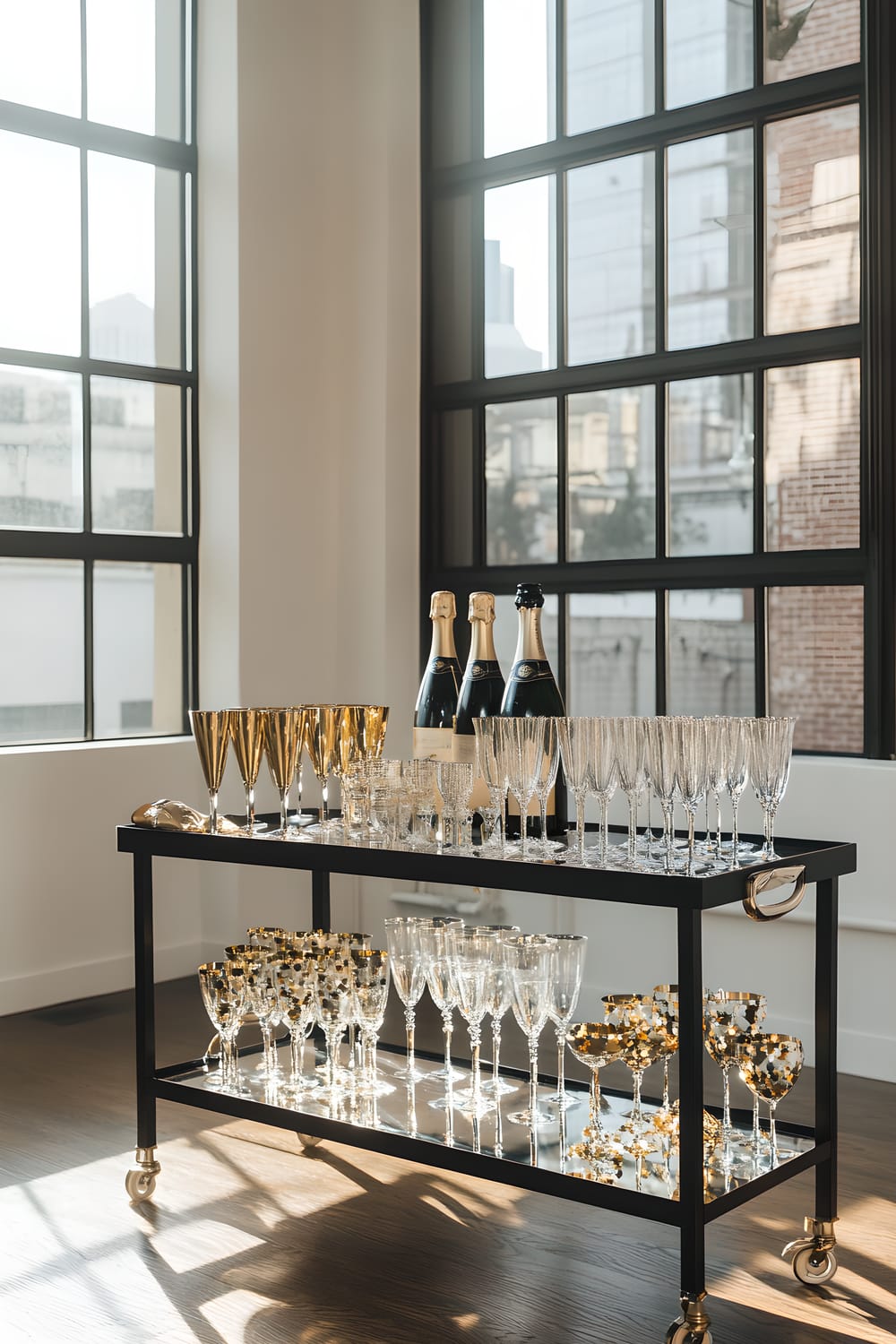 A modern loft with large windows that provide an expansive view of a cityscape. Center stage is a chic black bar cart reflecting its surroundings. The cart is adorned with four crystal champagne flutes and six golden cocktail glasses. Scattered on the floor around it are fifteen pieces of gold and silver confetti, setting the scene for a festive New Year's Eve celebration.