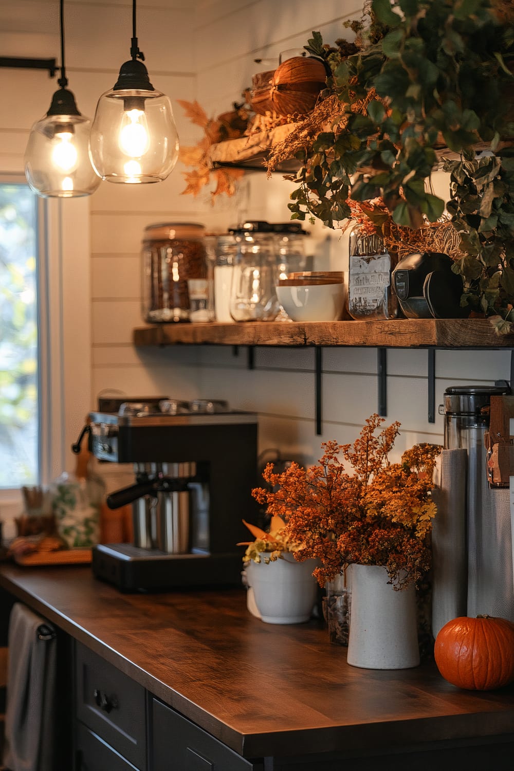 An inviting kitchen corner with a dark wooden countertop adorned with autumnal decor, including a small pumpkin and vase with dried flowers. An espresso machine sits on the counter, while rustic wooden shelves above are filled with glass jars, more dried floral arrangements, and soft ambient lighting from two hanging glass pendant lights.