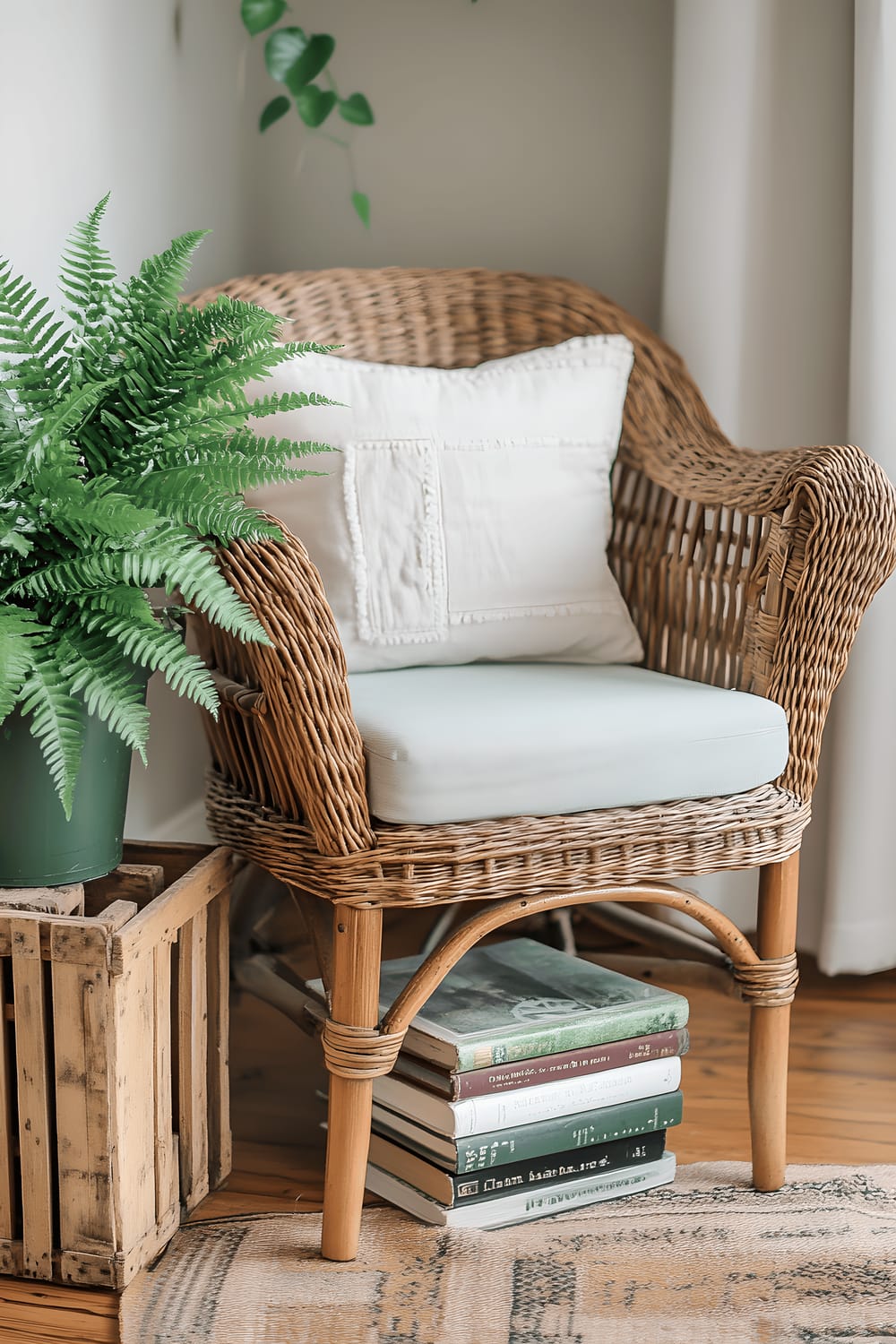 A DIY reading nook featuring a thrifted rattan chair with a soft pastel cushion, a repurposed wooden crate serving as a side table, adorned with a stack of vintage books and a petite, potted fern.