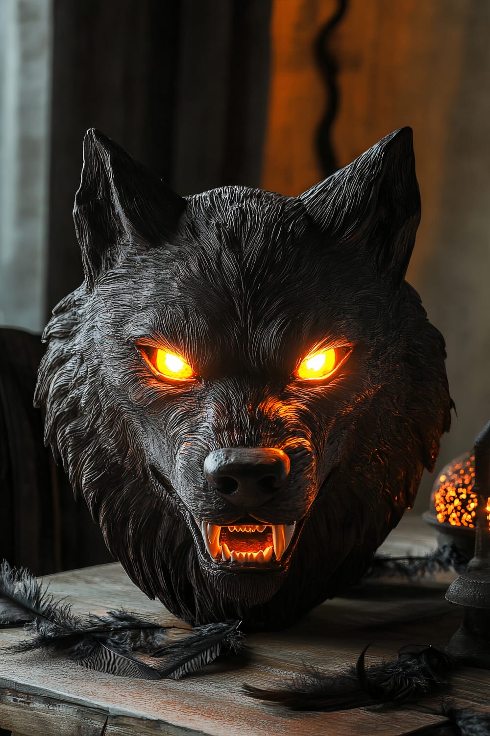 A large, carved wooden wolf head with glowing yellow eyes sits as a bold centerpiece on a rustic table. The wolf's eyes and mouth are illuminated with hidden orange LED lights, giving it an intense and eerie appearance. Dark feathers are scattered around the table, and a single shadowy mirror reflects the wolf's gaze in the background.