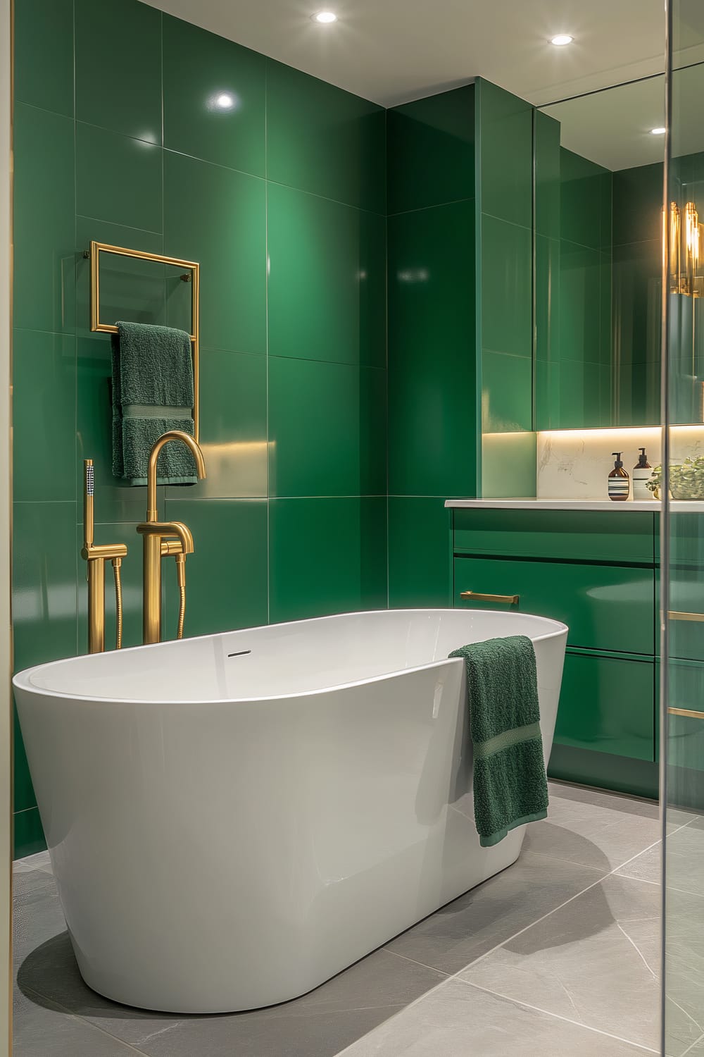 An elegant bathroom features glossy, emerald green wall tiles and a matching green vanity with gold hardware. A freestanding white bathtub takes center stage, complemented by gold fixtures including a floor-mounted faucet. Soft, ambient lighting highlights the luxurious accents, while green towels add a touch of cohesiveness. The grey tiled floor provides a subtle contrast to the vibrant wall color.