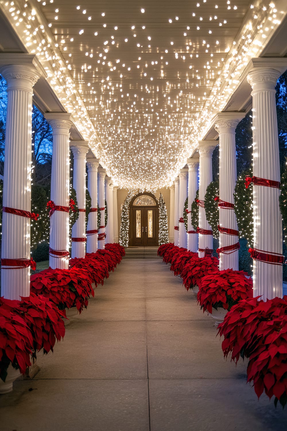 A festive entrance is depicted, featuring white columns wrapped in red ribbons and lined with red poinsettias on both sides of the walkway. Twinkling icicle lights are hung along the ceiling, creating a warm and inviting glow. The pathway leads to a set of wooden double doors at the end, with decorative lighting around the frame. The surrounding area is dotted with greenery, adding to the holiday atmosphere.