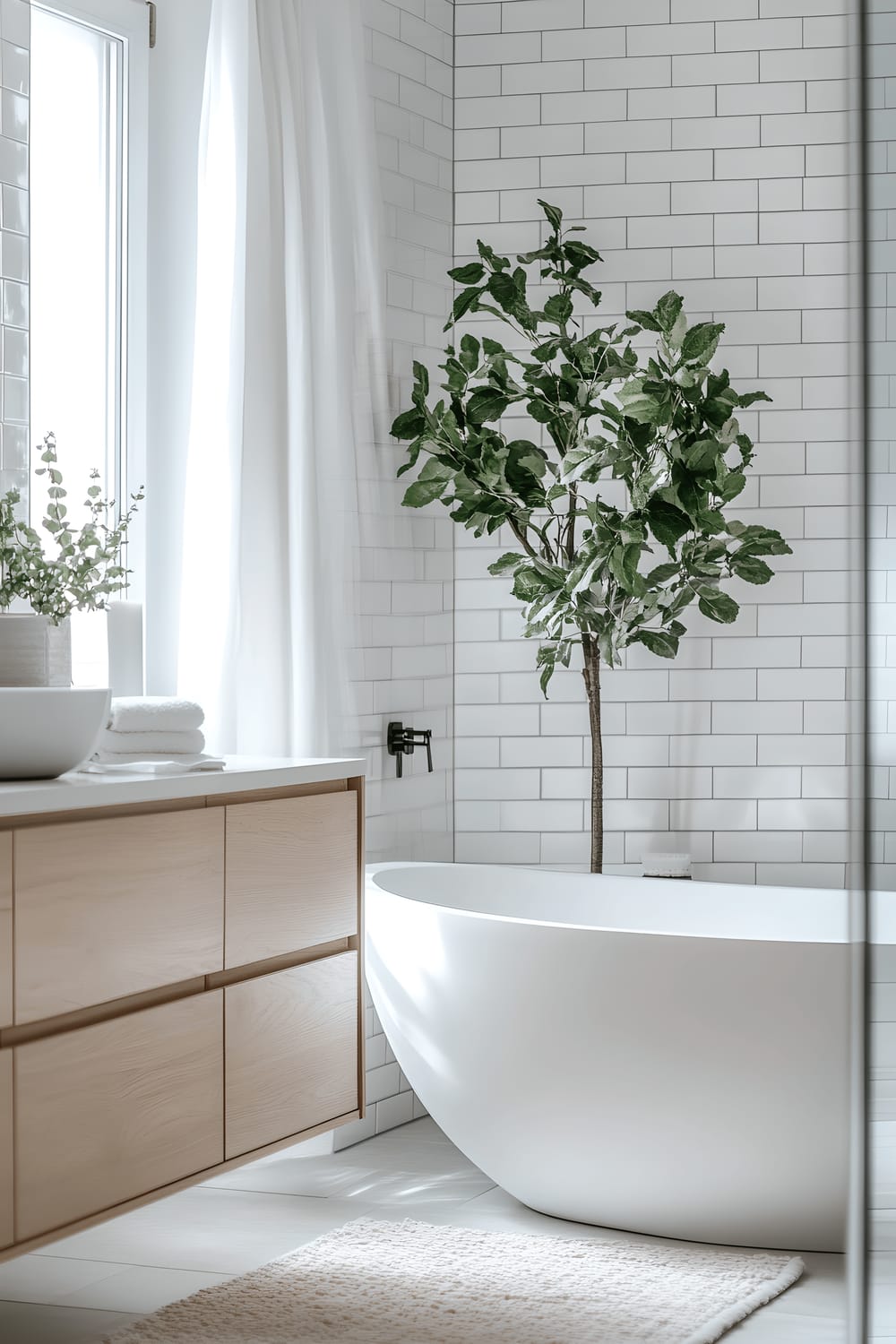 The image depicts a serene, minimalist bathroom. The design features matte white subway tiles on the walls, a sleek floating vanity in light oak, and a frameless glass shower enclosure. The centerpiece is a freestanding oval bathtub. A subtle play of soft natural light from a large frosted window highlights a simple green plant in a pot and a single white candle on the bathroom counter. Neutral colors, primarily white and light oak, are supplemented with soft accents of gray.