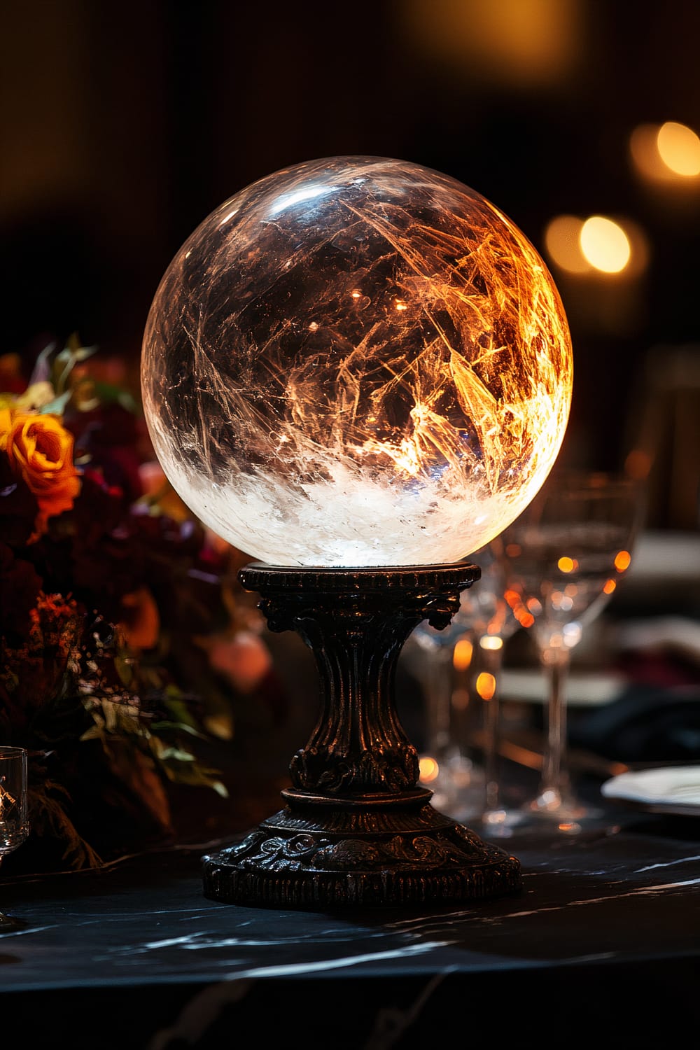 A large, luminous crystal orb encased in an ornate black stand is displayed on a sleek black marble tabletop. The orb emits a soft eerie glow that highlights its intricate internal patterns. Surrounding the orb are dark floral arrangements with orange and purple flowers, and antique accents. In the background, there are blurred wine glasses and softly glowing lights.