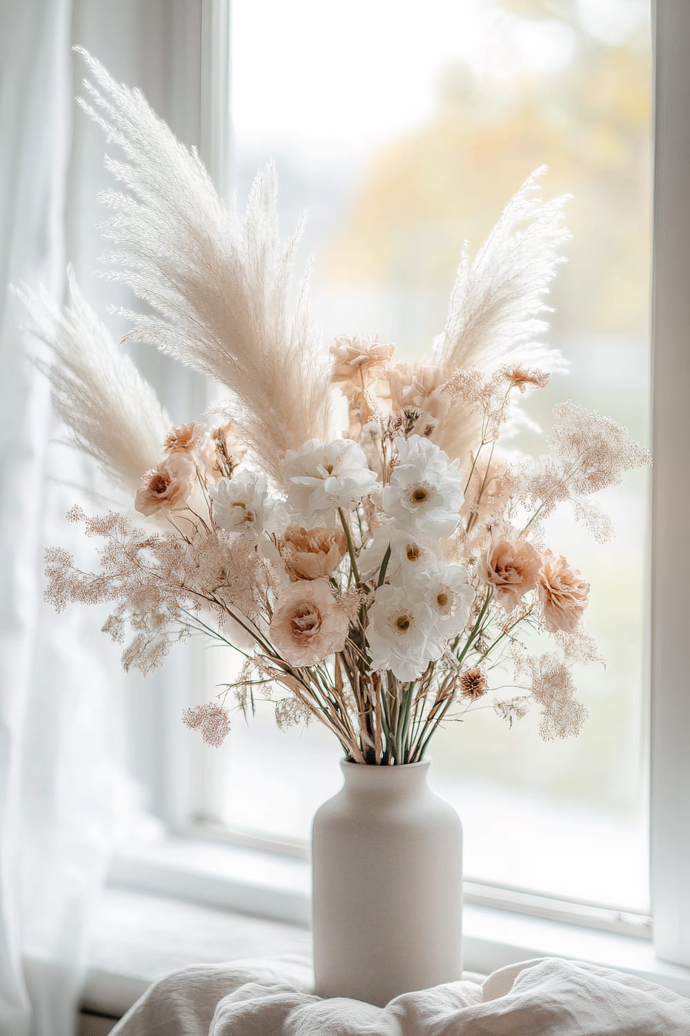 A floral arrangement in a simple white vase sits by a window with a soft backdrop of light filtering through sheer curtains. The bouquet consists of white and light pink flowers, including roses and daisies, interspersed with beige pampas grass and delicate baby's breath. The overall aesthetic is soft and airy, with a calm and elegant aura.