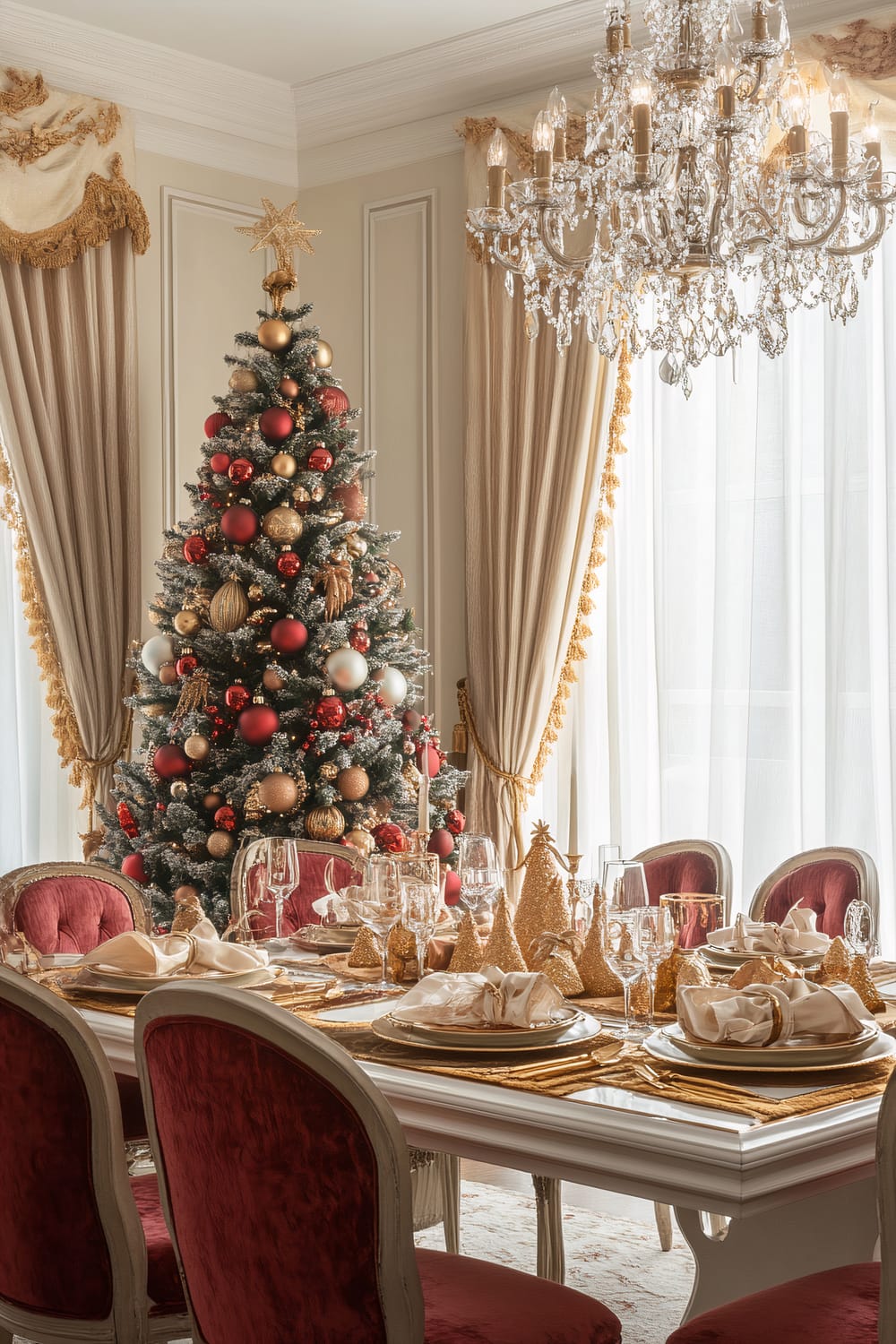 A luxurious dining room decorated for Christmas. The room features an elegant chandelier hanging from a white ceiling with detailed molding. A tall Christmas tree, adorned with red and gold ornaments and a golden star topper, stands in the corner, flanked by rich, beige velvet drapes with golden tassels. In the foreground, a large, ornately set dining table features red velvet upholstered chairs, gold-accented dinnerware, and gold decorative trees and candlesticks, creating a festive and opulent atmosphere.