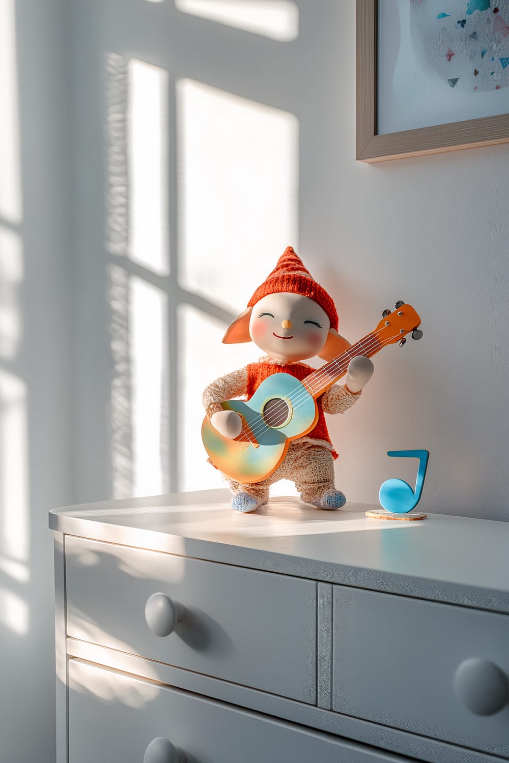 A small, whimsical figure of an elf dressed in earth tones and a red hat is strumming a colorful, tiny guitar on top of a white dresser. Next to the elf are two small, pastel-colored music notes. The scene is illuminated by a single spotlight in an otherwise clean and minimalist white room.