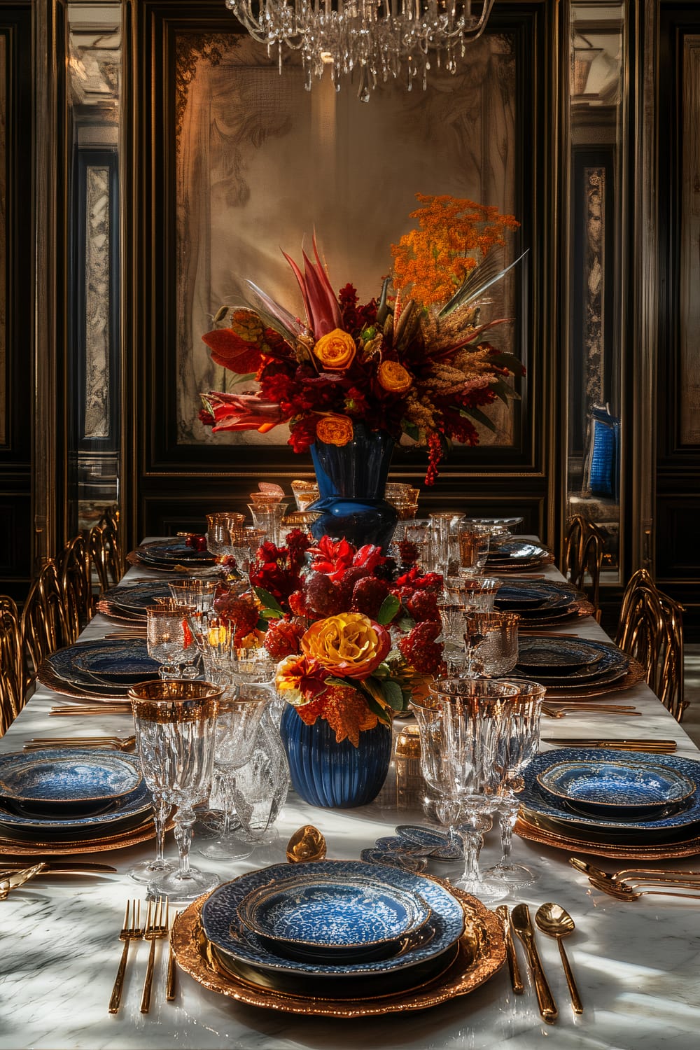 A glamorous Thanksgiving table setting featuring a sleek white marble table, copper chargers, cobalt blue and teal fine china, gold flatware, elegant glassware, and lush floral centerpieces in rich reds and yellows.