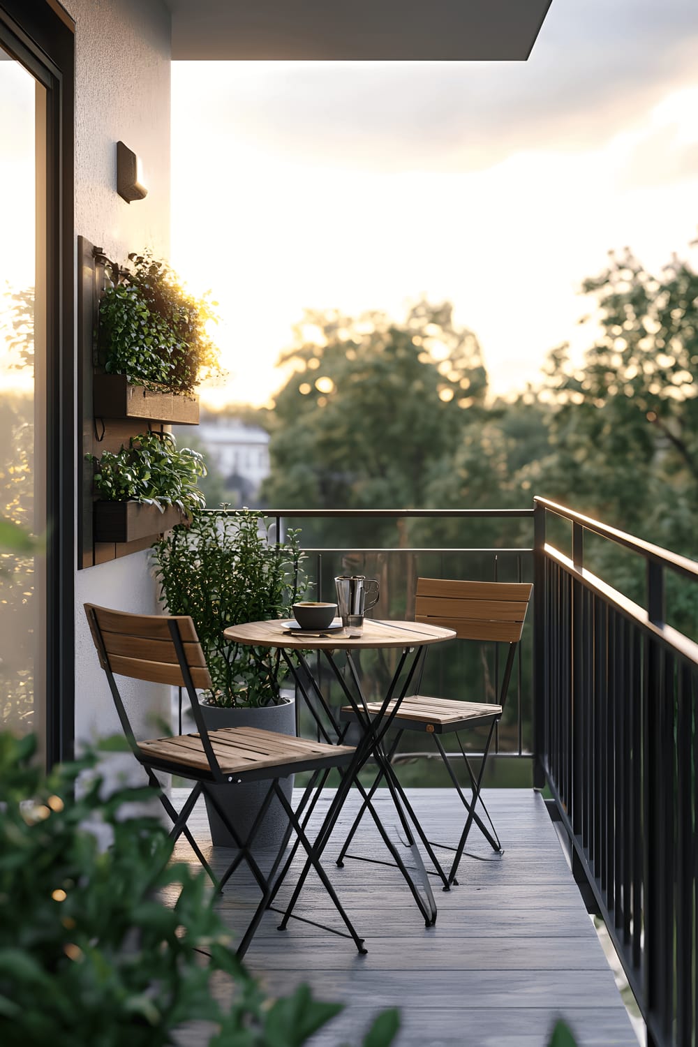 A panoramic view of a minimalist Scandinavian-style balcony bathed in soft morning light. It features a sleek metal railing for safety, a compact wooden bistro table paired with two matching chairs, and a vertical herb garden that adds a touch of lush greenery to the space.