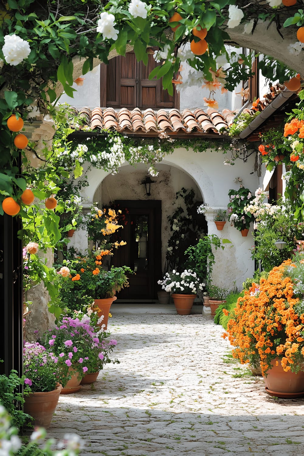 A picturesque Mediterranean-style home featuring a terracotta-tiled roof, deep brown wooden shutters, and white stucco walls. The home is nestled within a lush courtyard, rich with diverse greenery and vivid spring flowers. A wrought-iron gate unveils a cobblestone path bordered by lavender, rosemary, and potted citrus trees. Ivy meticulously decrees over a white stone archway that path leads to the house's grand front door. The scene is bathed in a soft, inviting sunlight highlighting the red hues of the terracotta tiles.