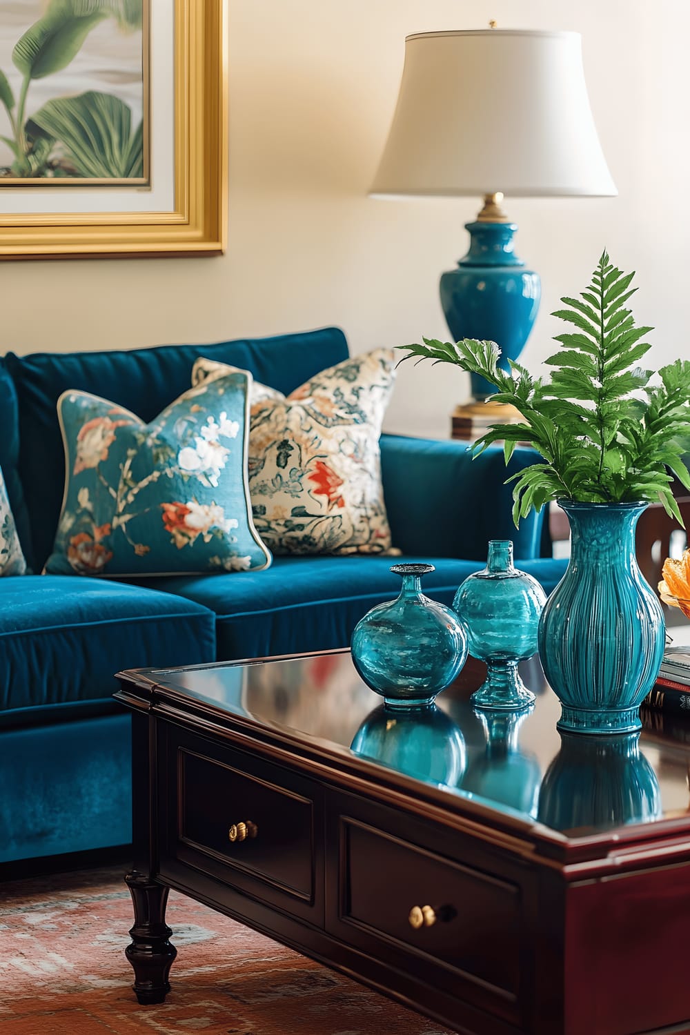 A vivid and lively living room decorated with a mixture of vintage and contemporary styles. The main area of the room features a rich cobalt blue velvet sofa and a sturdy dark wood coffee table. The room is brightened by a cluster of turquoise glass vases on the coffee table and soft ambient light emitted by brass lamps with gold leaf details. An oxblood red wooden side table and matching console table bring warmth to the room. The decor is accented with a solitary emerald green plant, bringing a touch of nature without cluttering the room.