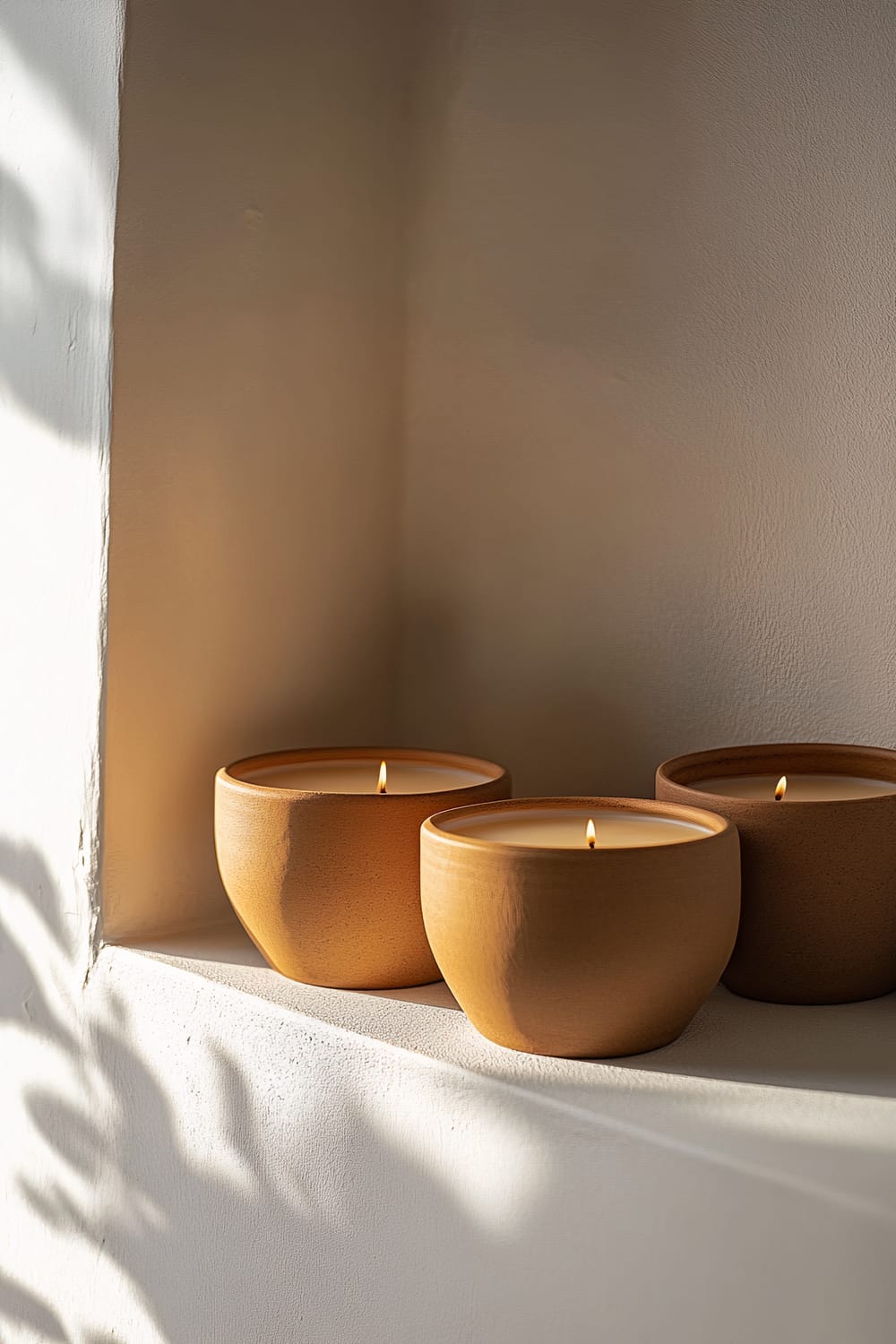 Three scented soy candles in earthy-toned ceramic containers arranged on a minimalist shelf with soft backlighting creating a warm and inviting atmosphere.