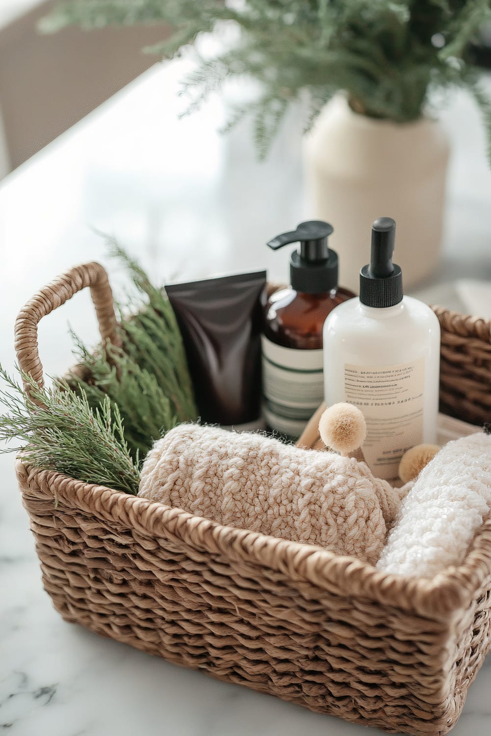 A woven basket on a marble counter containing various bathroom toiletries and décor elements. The basket includes a green plant, several bottles with pump dispensers, a cream-colored knitted cloth, and a white towel. In the background is a white ceramic vase with lush green foliage.