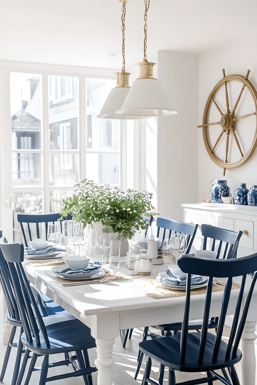 An elegant dining room inspired by maritime themes, featuring a classic white table with navy blue chairs underneath a brass pendant light. The room is decorated with nautical elements, such as a ship wheel hung on the wall and various sea plants in pots. Large windows showcase a view of the river, bringing a serene and stylish ambiance to the space.