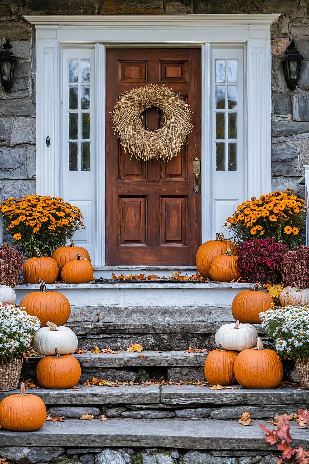 A front porch decorated for autumn with a wooden door featuring a straw wreath. The steps leading to the door are adorned with various orange and white pumpkins, yellow and red chrysanthemum flowers, and scattered fallen leaves. The house exterior is stone with white trim and two side windows flanking the door.